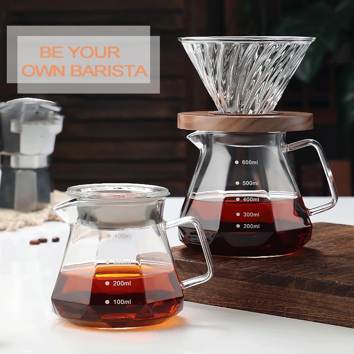 Glass Coffee Server for Drip Coffee Maker,Diamond Fashion Design Glass Coffee Carafe, Coffee Pot with Lid, Clear, 600ml(20oz)