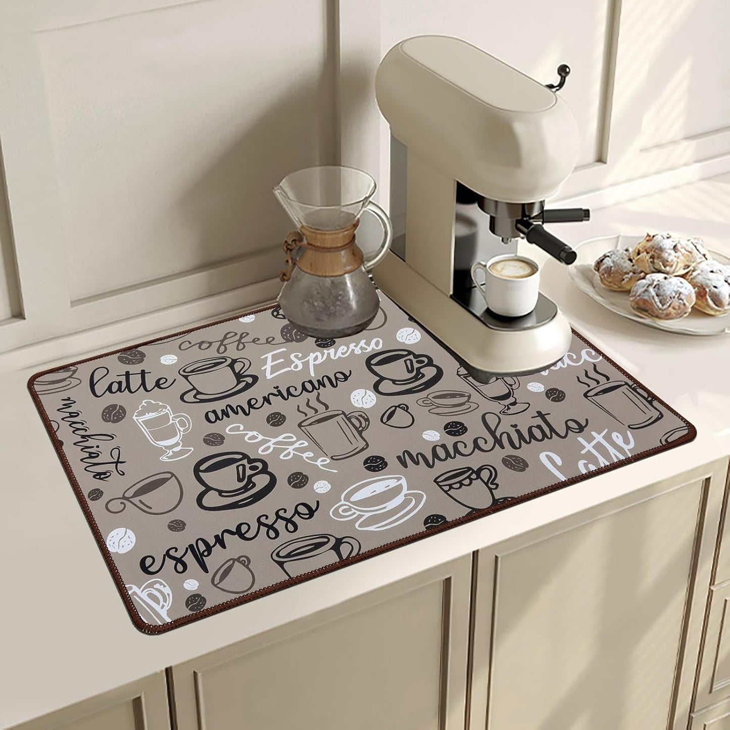 SHACOS Coffee Mat 2-Pack 12x19 Inch Absorbent Non Slip Coffee Maker Mat for Countertop Bar Accessories Espresso Machine Mat Dish Drying Mat Heat Resistant, Khaki