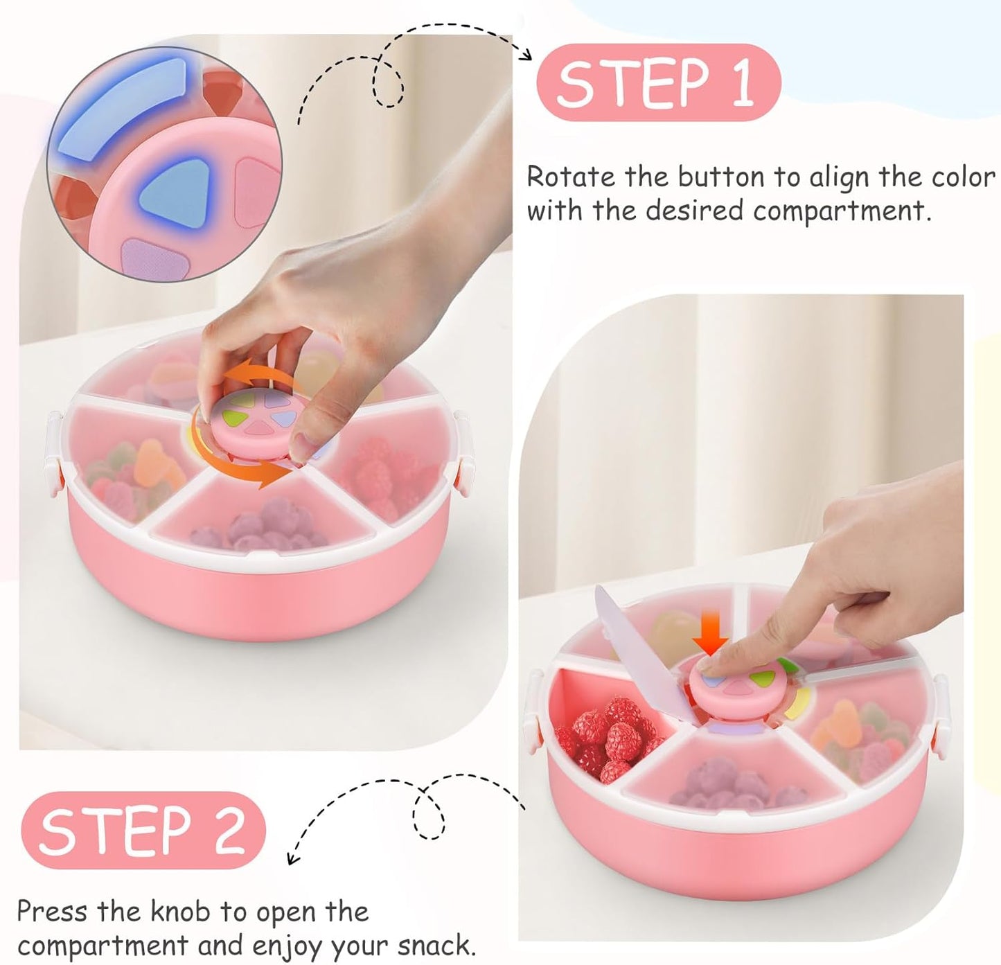 Kids' Rotating Snack Container Set – 2-Pack, Includes 1 Rotating Snack Container & 1 Round Sectioned Snack Box, BPA-Free, Dishwasher Safe, Perfect for Travel-Pink