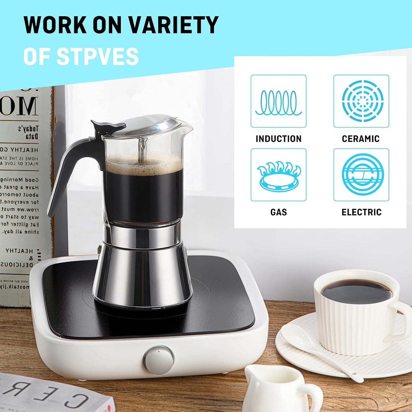 Stovetop Espresso Maker, Crystal Glass-top & Stainless Steel Espresso Moka Pot,Classic Italian coffee maker（360ml）