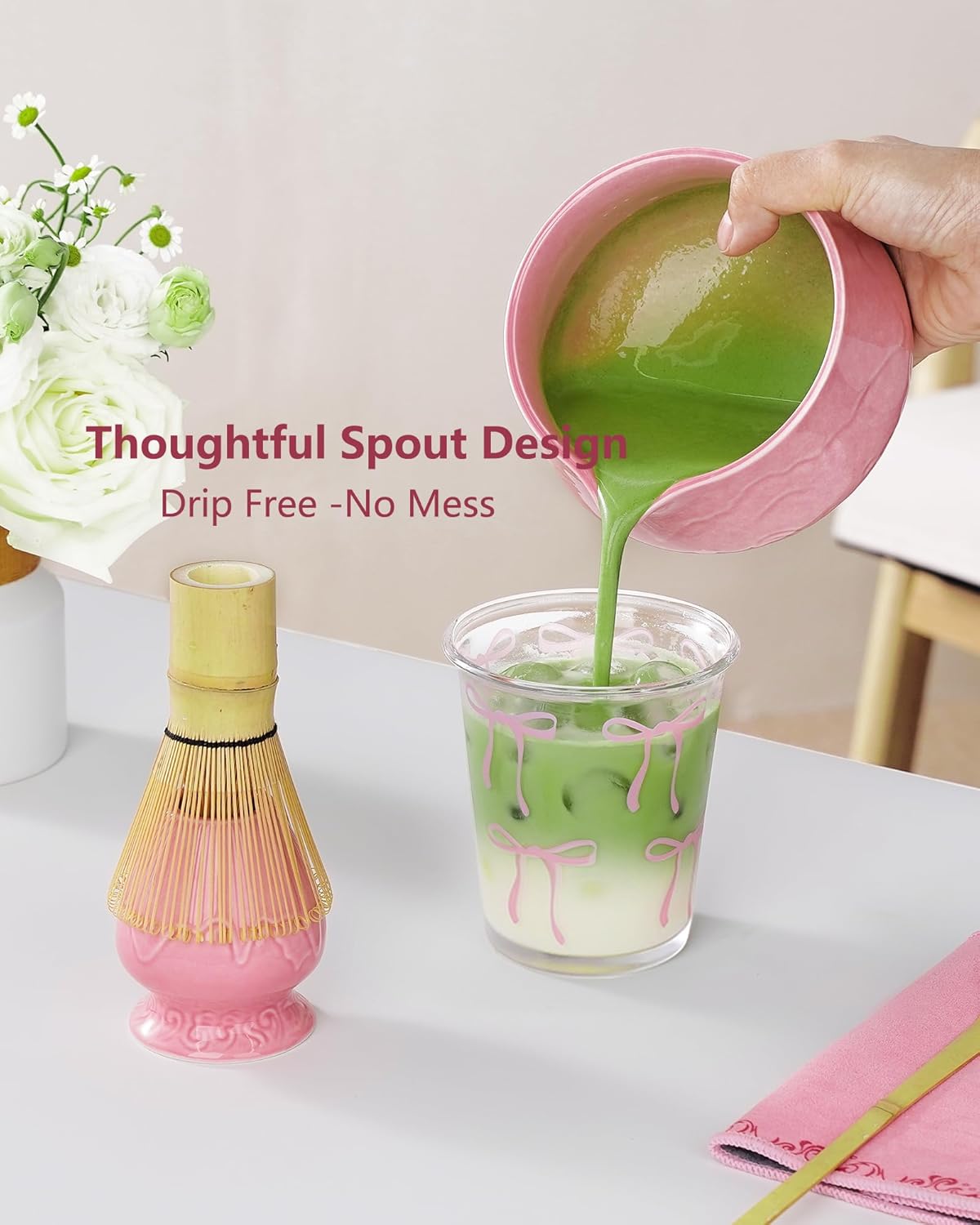 ZENS Matcha Whisk Set, 6pcs Matcha Set Pink Includes 15oz Ceramic Bowl and Bamboo Whisk (Chasen Holder) Scoop, 304 Sifter & Pink Tea Mat, Japanesse Matcha Kit for Matcha Latte-Making