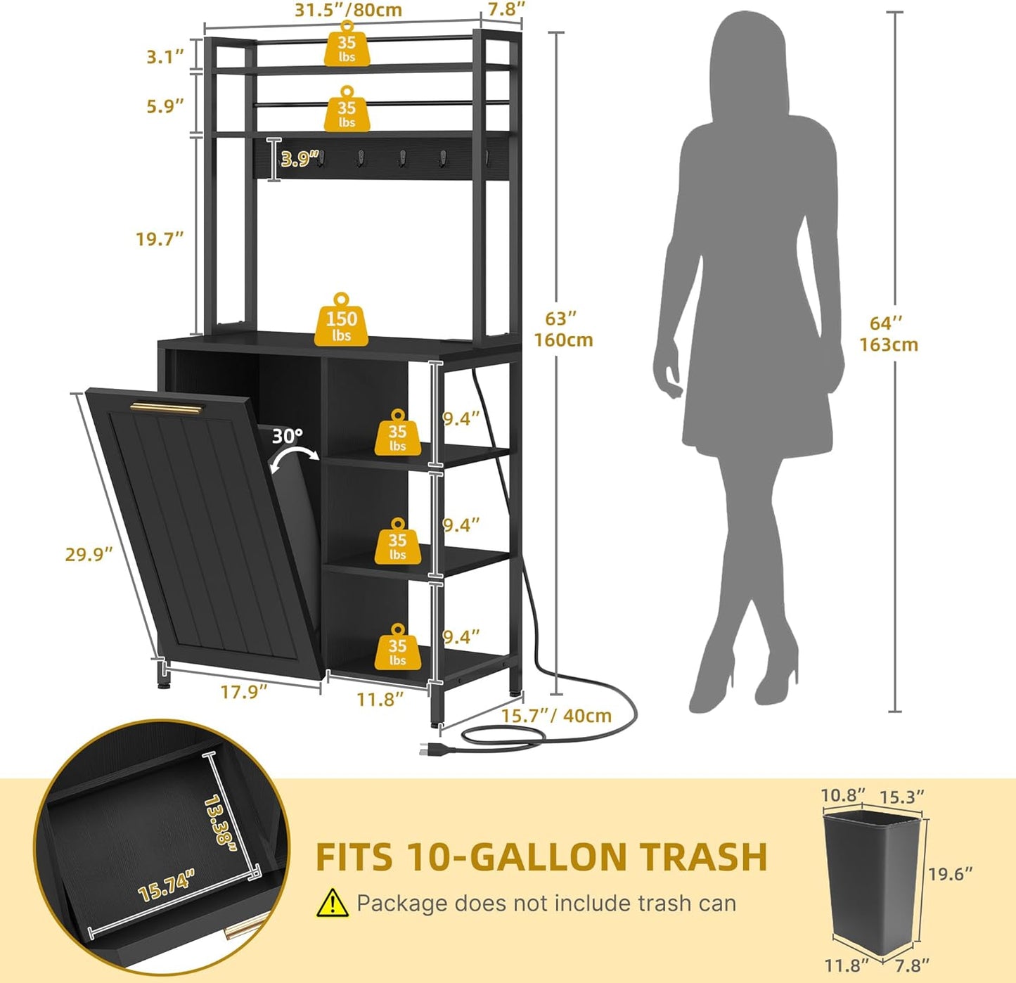YITAHOME Bakers Rack with Storage Microwave Stand with Trash Can Bin Cabinet and Power Outlet 6-Tiers Coffee Stand Large Microwave Table for Kitchen Dining Room Living Room Black