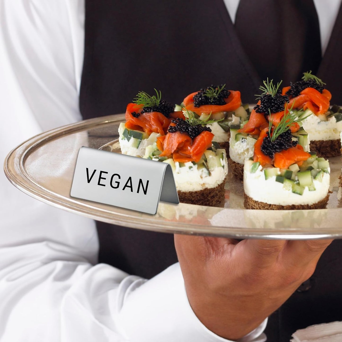 Vegan Stainless Steel Metal Table Tent Sign - 3" x 1-1/2" - Table Top Setting for Restaurants, Catering Businesses, Business. Great for Wedding, Banquet, Buffet, Party, Events. To Label Food Areas for
