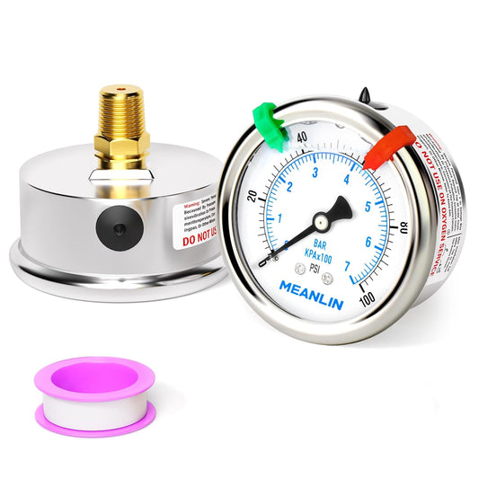 MEANLIN MEASURE 0~100Psi Liquid Filled Pressure Gauge 1/4" NPT 2.5" FACE DIAL Stainless Steel Glycerin Filled WOG Water Oil Air Back Mount (with 2PCS Snaps)