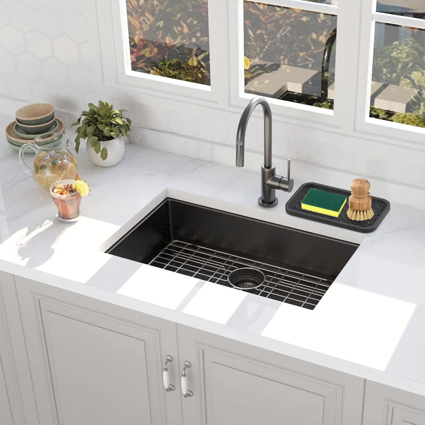 EG-SIPRO Kitchen Sink Organizer Tray,Sponge Holder for Kitchen Sink Bathroom Counter Tray Sponge Caddy Silicone Soap Holder for Soap dispenser, Bottle, Dishwashing Accessories(2-pack)