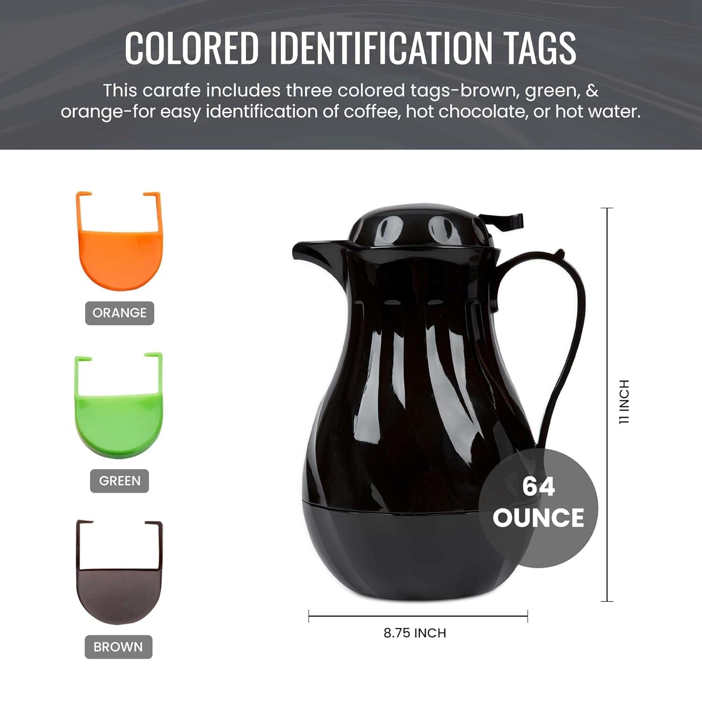 OCS Parts Easy Pour Thermal Coffee Carafe | 11-Inch Insulated Hot and Cold Beverage Pitcher Server for Coffee, Tea, Hot Chocolate and Water with Colored Tags for Easy Idenfication | 64-Ounce | Black