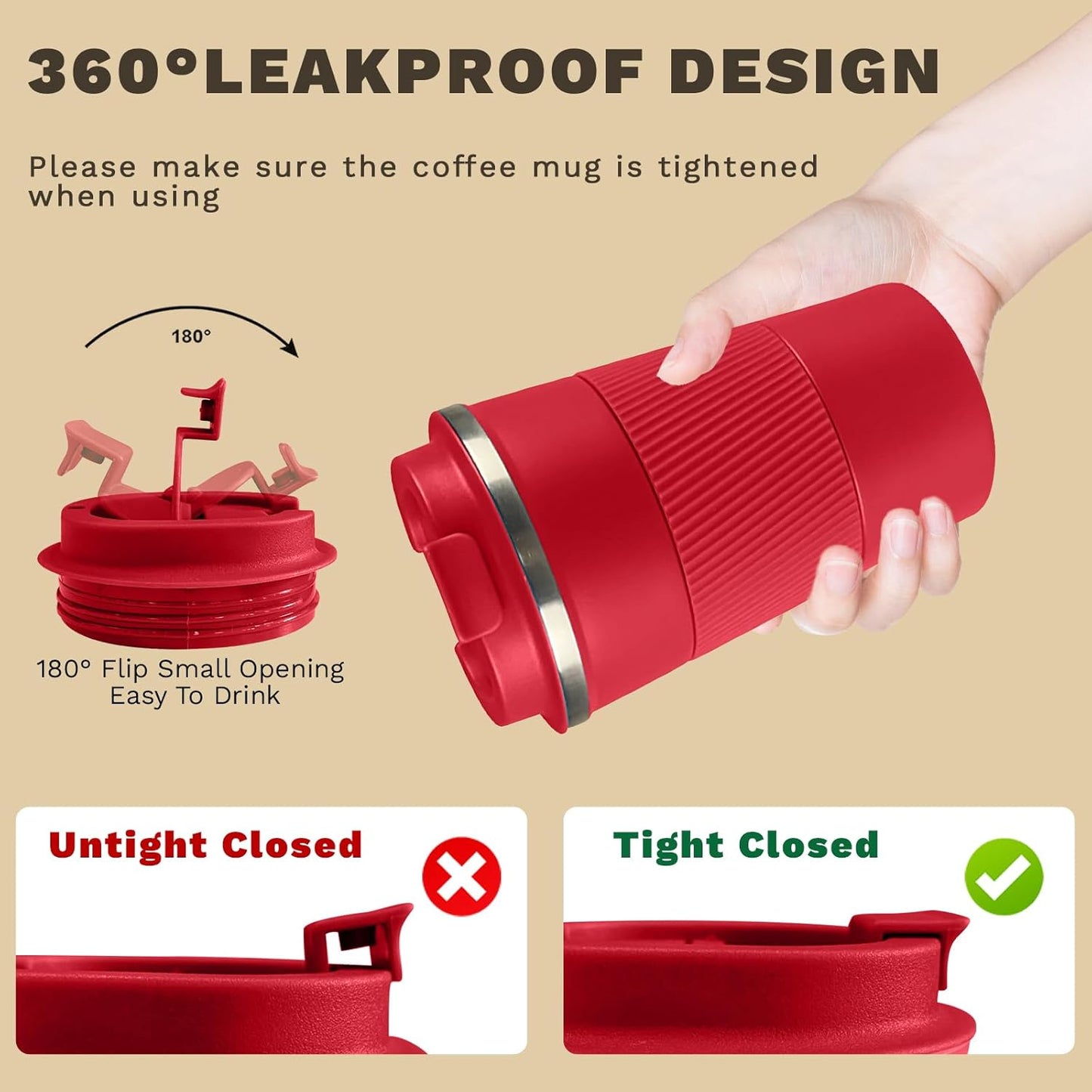 Vacuum-Insulated Stainless Steel Travel Coffee Mug, Leak-Proof Reusable Coffee Cup with Lid - Keep Hot & Cold Drinks for Hours, Durable Thermos Tumbler for Men & Women (3rd-Red, 17OZ)
