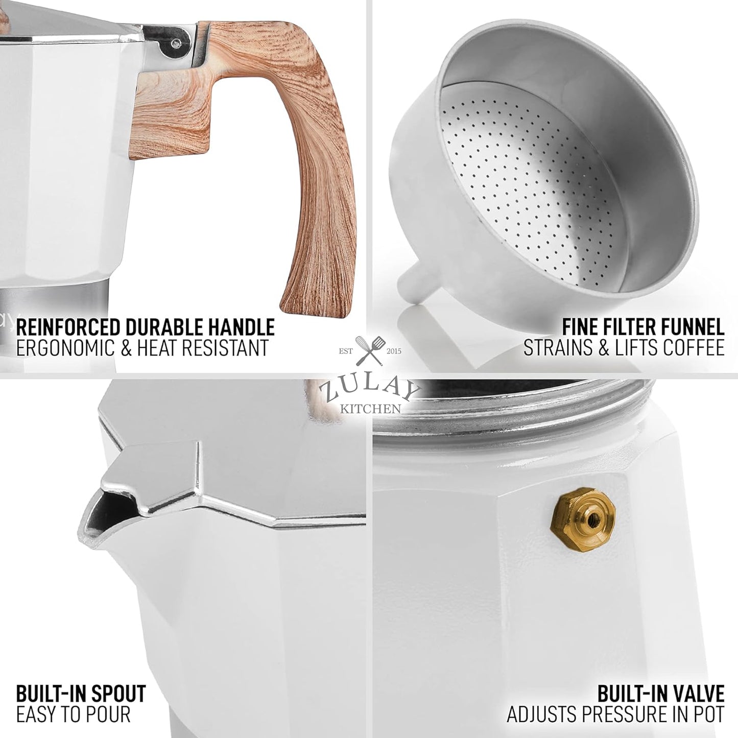 Zulay Kitchen Stovetop Espresso Maker - Moka Pot 6 Espresso Cups - Percolator Coffee Maker for Classic Cuban & Italian Style Espresso - Portable Coffee Maker for Camping & Travel - (White)