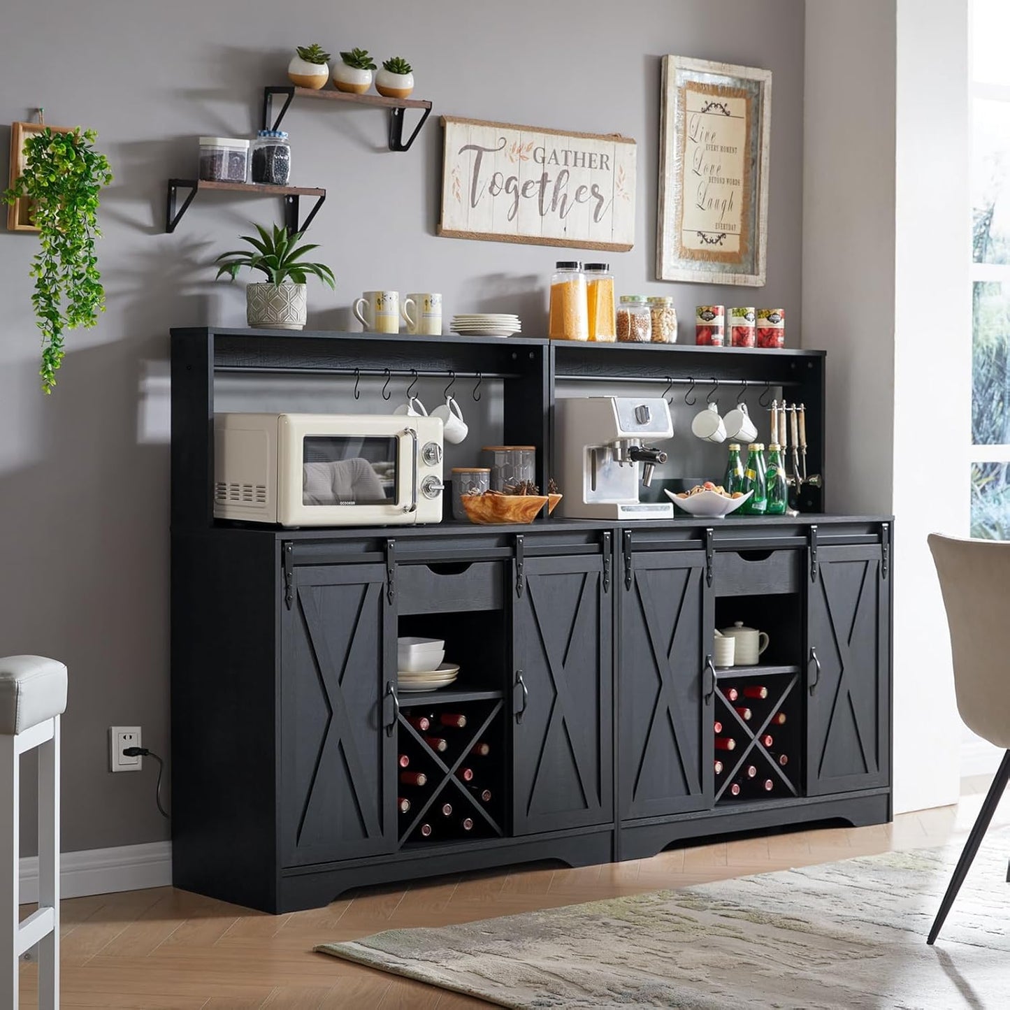 Wnutrees Farmhouse Coffee Bar Cabinet with Charging Station and USB Ports, Sliding Barn Door, 39" Kitchen Hutch Sideboard Buffet Storage Cabinet, Fits Kitchen Dining Living Room, Black