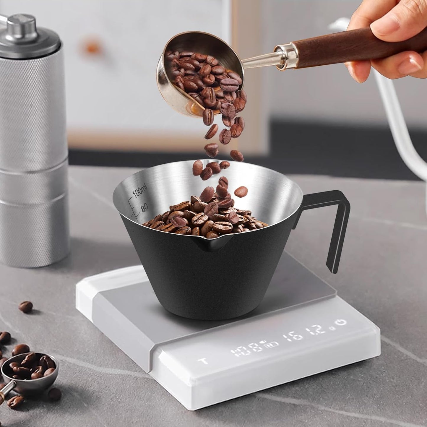 2 Pcs Espresso Cups with Handle, Stainless Steel Espresso Accessories, Double Spout Metal Measuring Cup with Dual Scale, Espresso Shot Cup with V-Shaped Mouth, 3.4OZ/100ML(White)