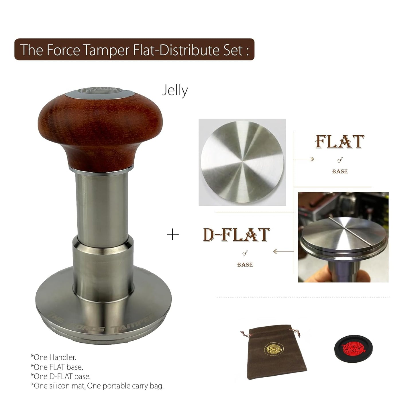 The Force Tamper Automatic Impact Adjustable Constant Pressure and Autoleveling Coffee Tamper Reddish Brown Jellyfish Wooden Handle Set Pro (Flat-Distribute Set, 58.50mm)
