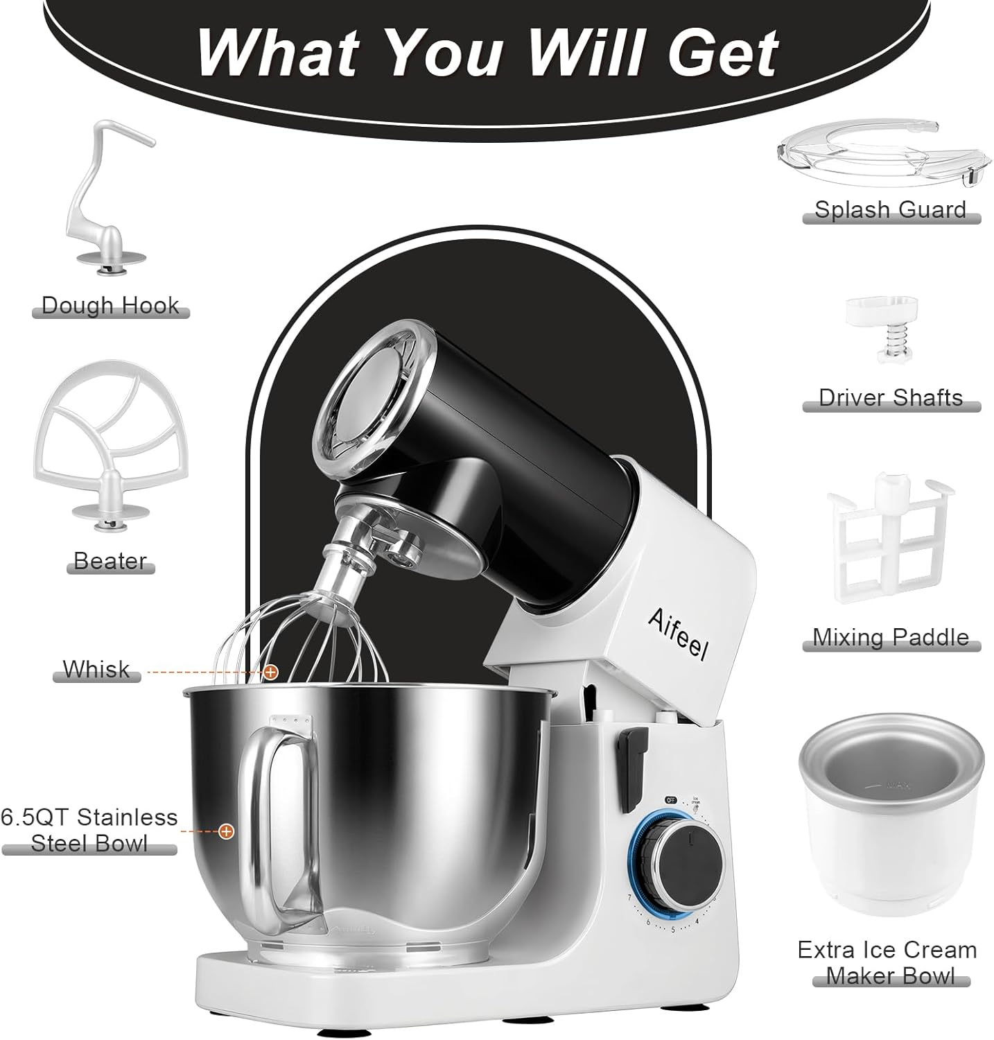 Aifeel Stand Mixer,6.5QT Kitchen Electric Mixer with 2QT Ice Cream Maker Bowl, 6 in 1 Multifunctional Bread Dough Mixer with Dough Hook,Whisk & Beater, Food Mixer for Baking (Black-White)