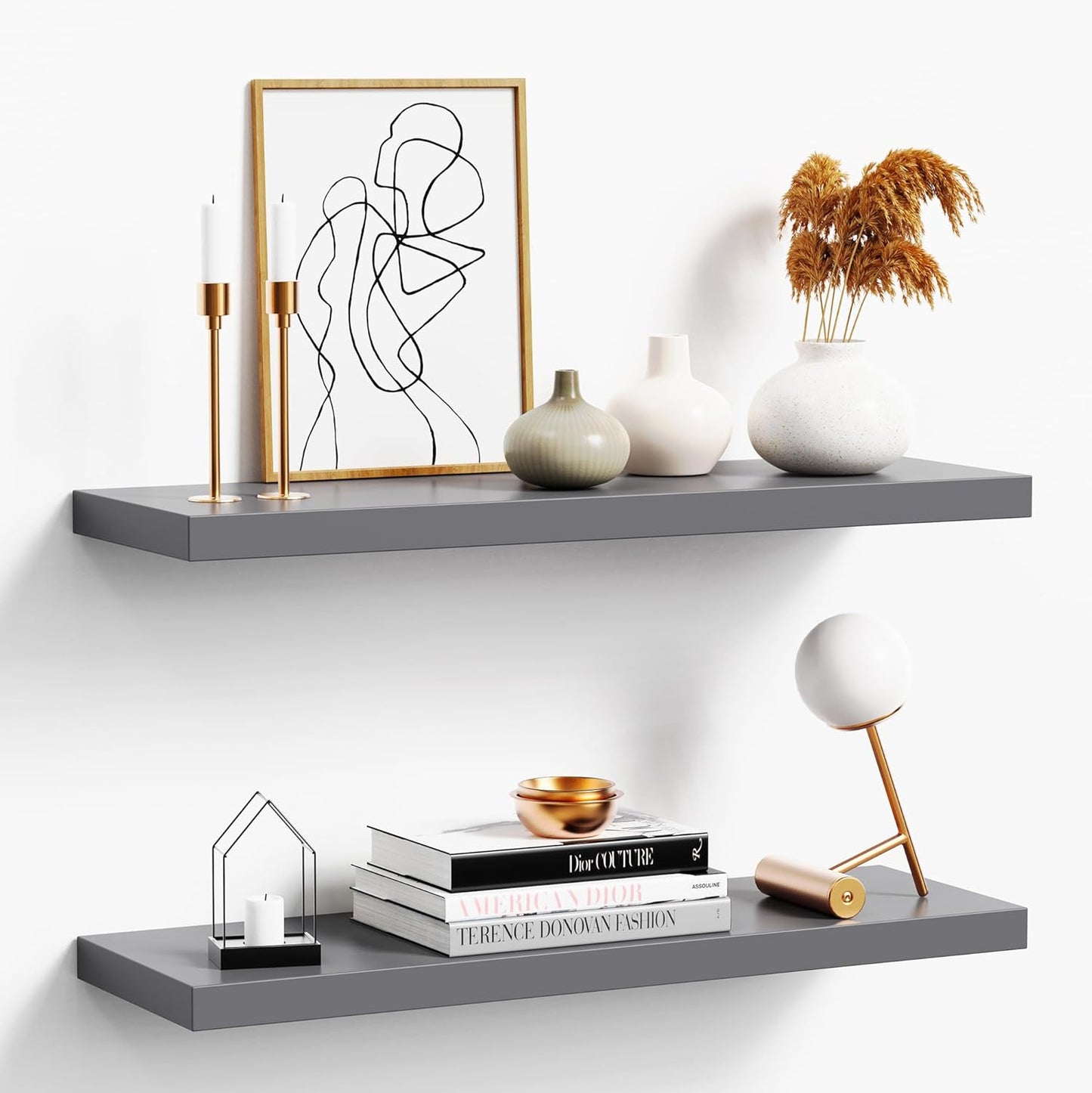 Floating Shelves for Wall, Gray Wood Wall Shelf Set of 2, 24" Walls Mounted Floating Shelf for Kitchen, Living Room, Bedroom, Bathroom Storage, Book Shelf for Walls Home Decor, Frame Display
