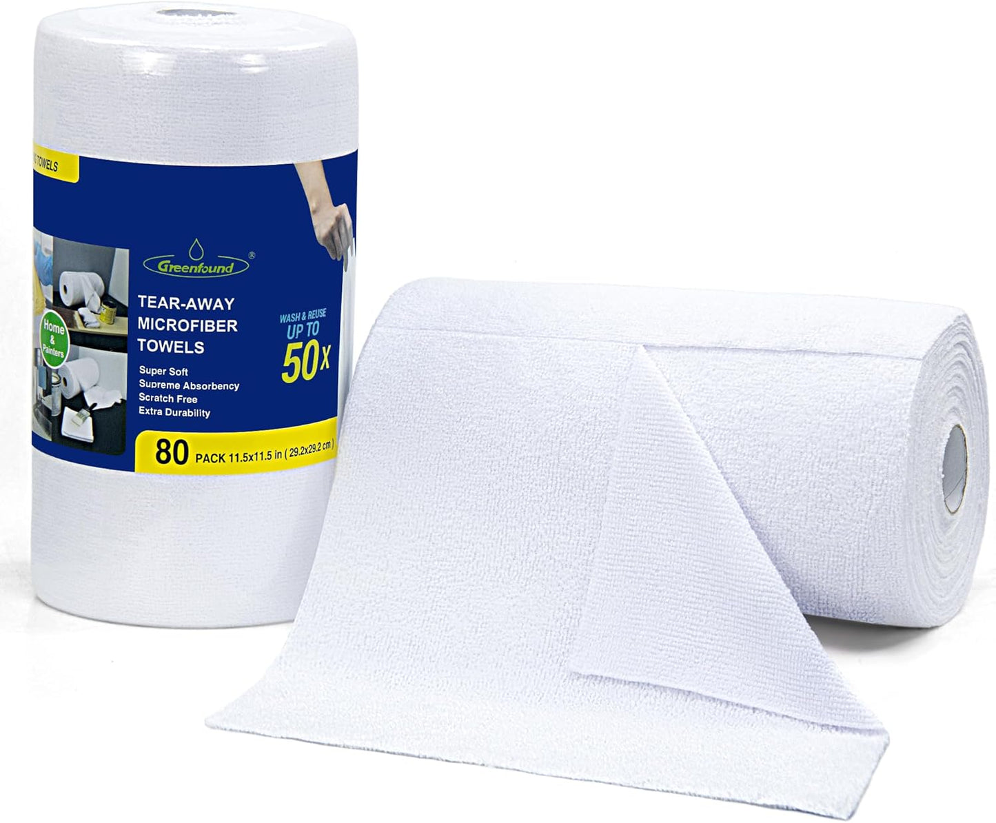 Greenfound Microfiber Cleaning Cloth Roll -80 Pack, 11.5x11.5, Tear Away Towels, Reusable and Washable Rags, White