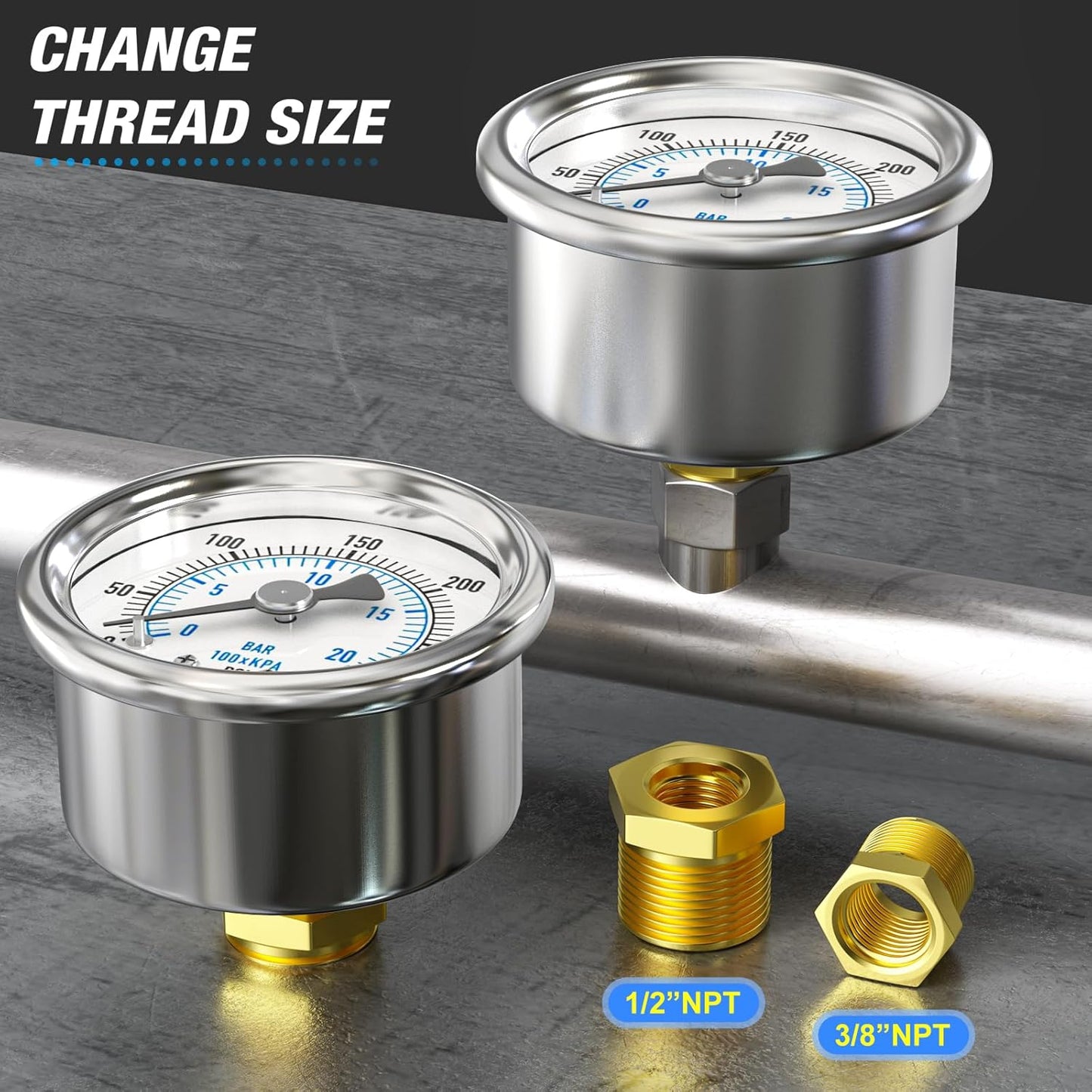 MEANLIN MEASURE 0~300Psi Dry Pressure Gauge Stainless Steel 1/4" NPT 2" FACE DIAL Waterproof for Air Compressor Air Regulator Water Filter Center Back Mount, with 1/2" NPT and 3/8" NPT Hex Bushing