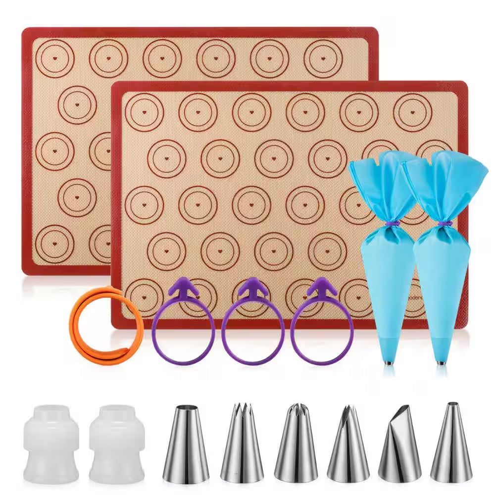 16-Piece Silicone Macaron Baking Mats Set with Half Sheet, Piping Pastry Bag, Bag Tie, Coupler and Piping Tips