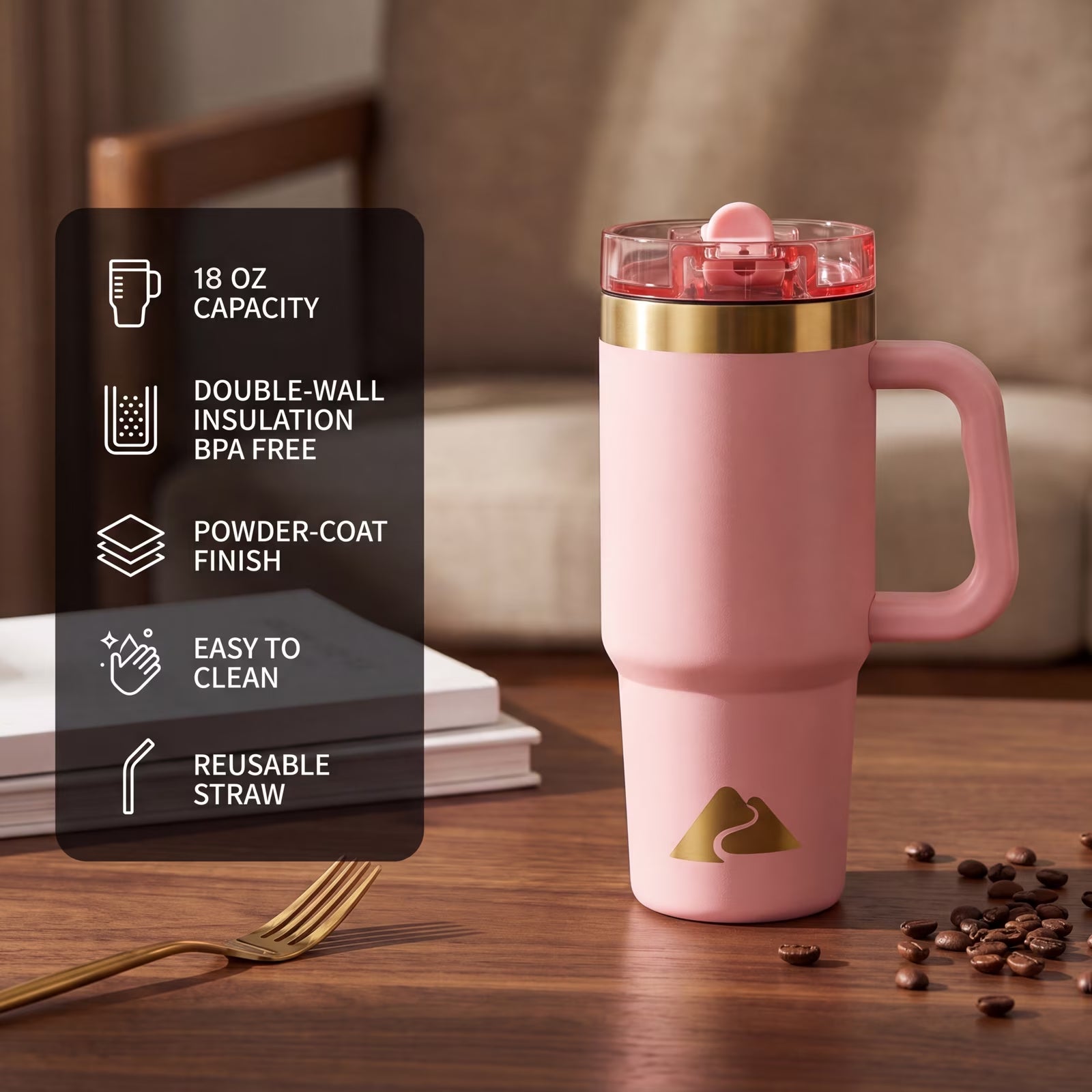 18 Oz Stainless Steel Insulated Tumbler with Handle and Flip-Straw Lid, Rose Shimmer