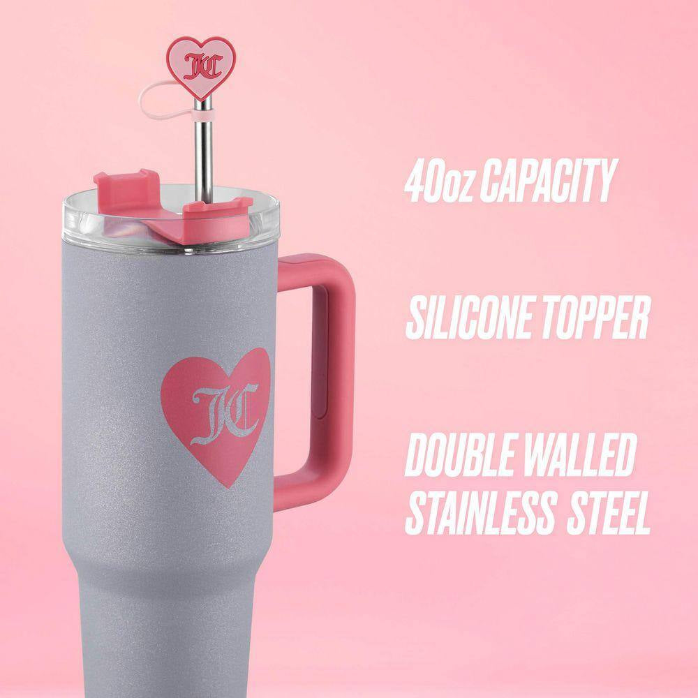 Jetsetter 40 Oz. Glitter Silver Stainless Steel Tumbler with Handle and Straw with Topper