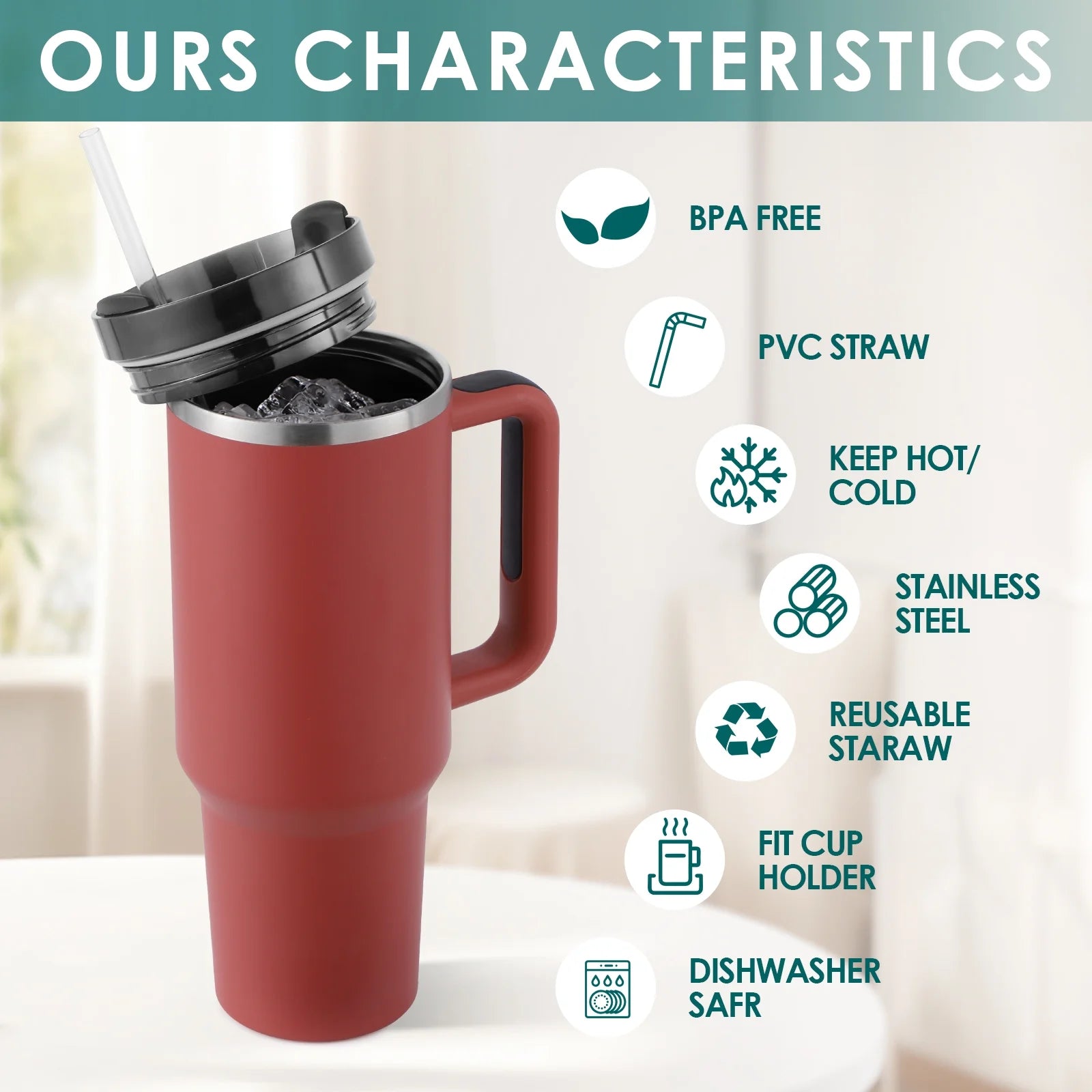 40 Oz Tumbler with Handle and Straw, Travel Mug for Car, 2-In-1 Lid Stainless Steel Tumblers