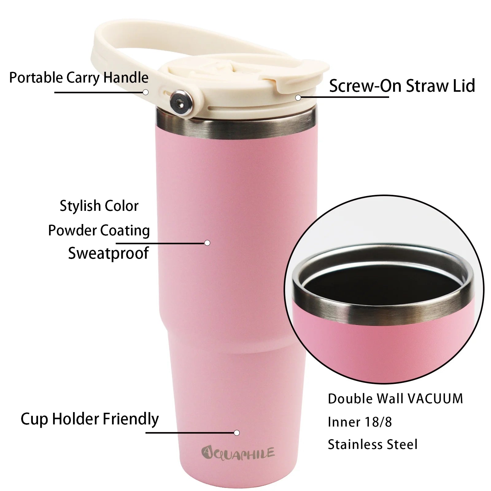 30 Oz Insulated Water Bottles with Straw Lid, Double Walled Vacuum Stainless Steel Travel Tumbler with Handle and Straw, Wide Mouth Thermos Bottle, Pink