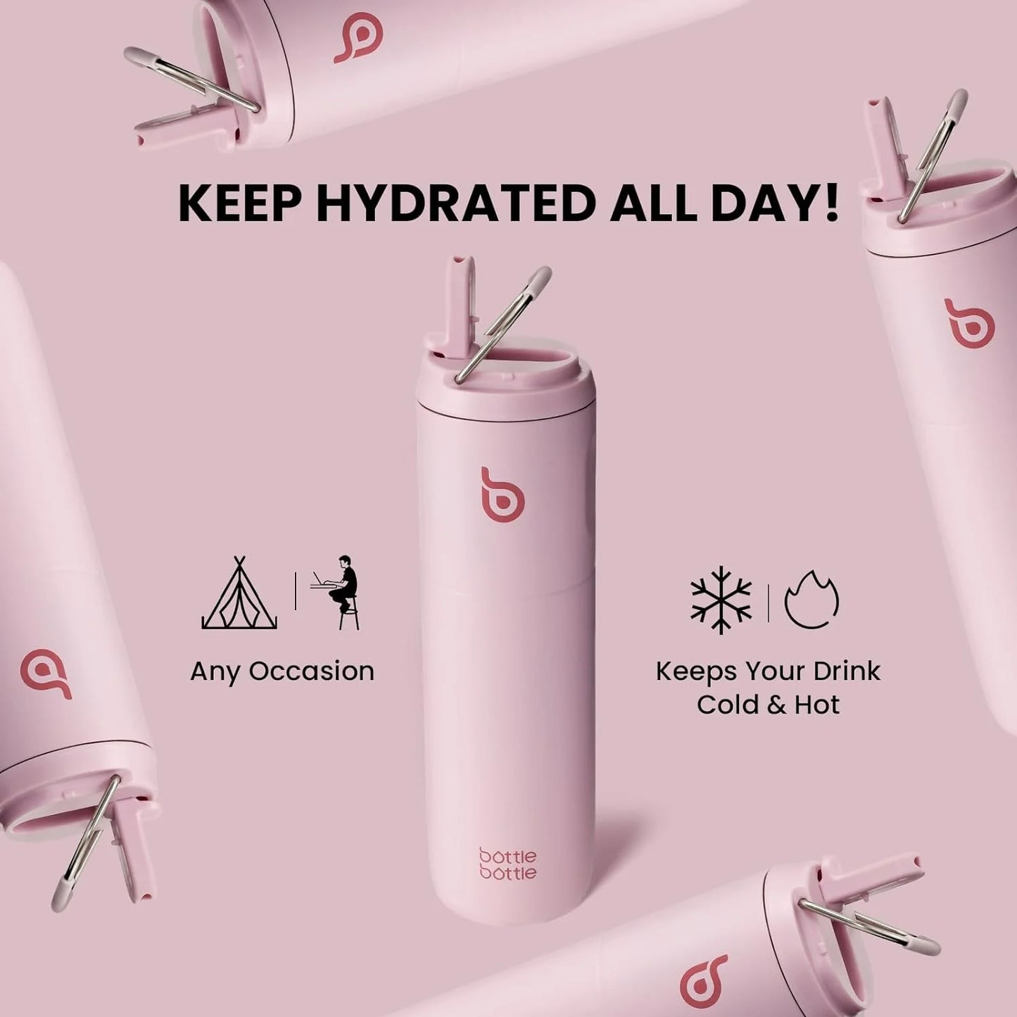 Insulated Water Bottle 24Oz with Straw Lid and Handle for Sports Travel Gym Stainless Steel Water Bottles Double-Wall Vacuum Metal Leak Proof Bpa-Free Light Pink