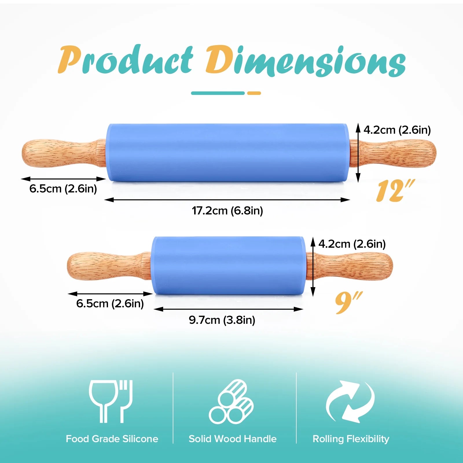 Badiano 2 Pcs Non Stick Wooden Handle 9" 12" Silicone Rolling Pin Sets for Dough Pizza Pastry, Blue