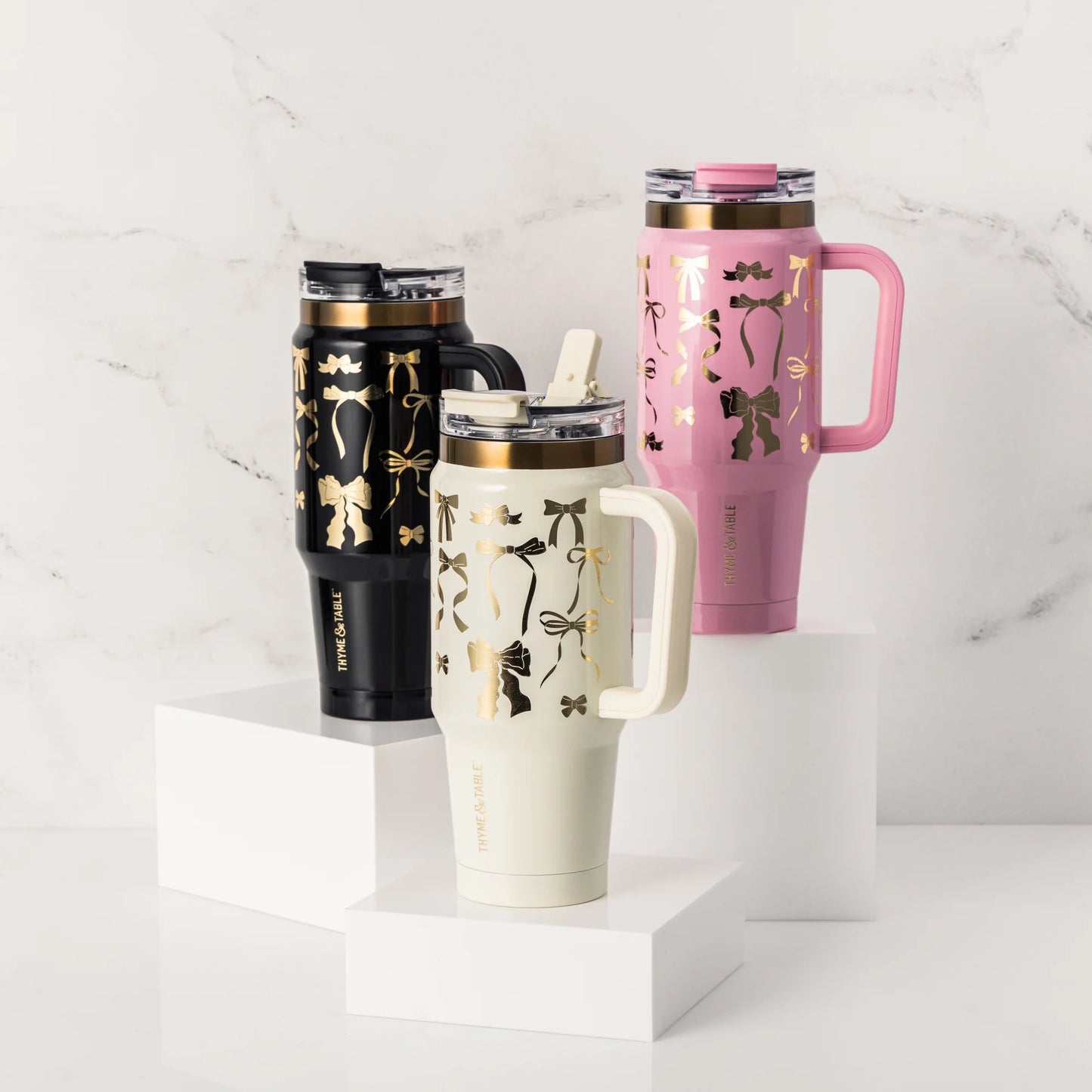 32 Fl Oz Stainless Steel Luna Tumbler with Handle and Dual Straw Lid, Black & Gold Bows