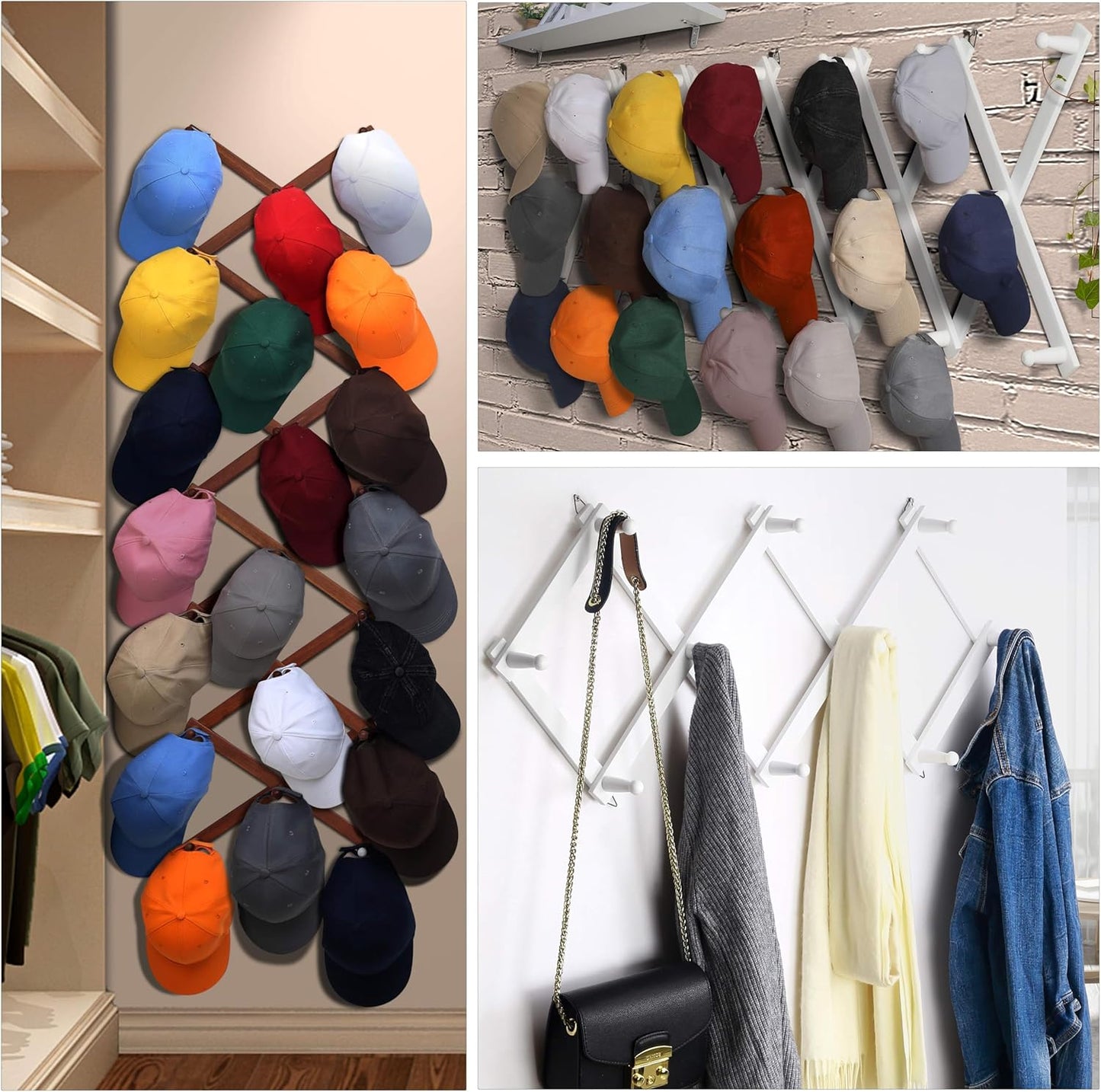 Dseap Accordian Wall Hanger: 16” High Wooden Wall Expandable Coat Rack, Hat Rack Holder, Accordion Hook for Baseball Caps, Coats, Mugs, 14 Peg Hooks, Brown