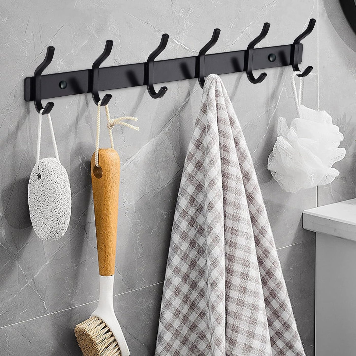 Wall Hooks Heavy Duty, 17 Inch Coat Rack Wall Mount with 6 Hooks, Black Wall Hooks for Entryway, Bathroom - for Hanging Backpack, Bag, Coat, Purse, Hat, Towel, Clothes,2 Packs