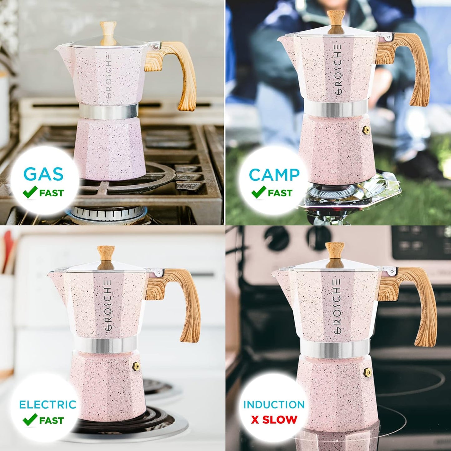 GROSCHE Milano Moka pot, Stovetop Espresso maker, Greca Coffee Maker, Stovetop coffee maker and espresso maker percolator (Pink, 9 cup)