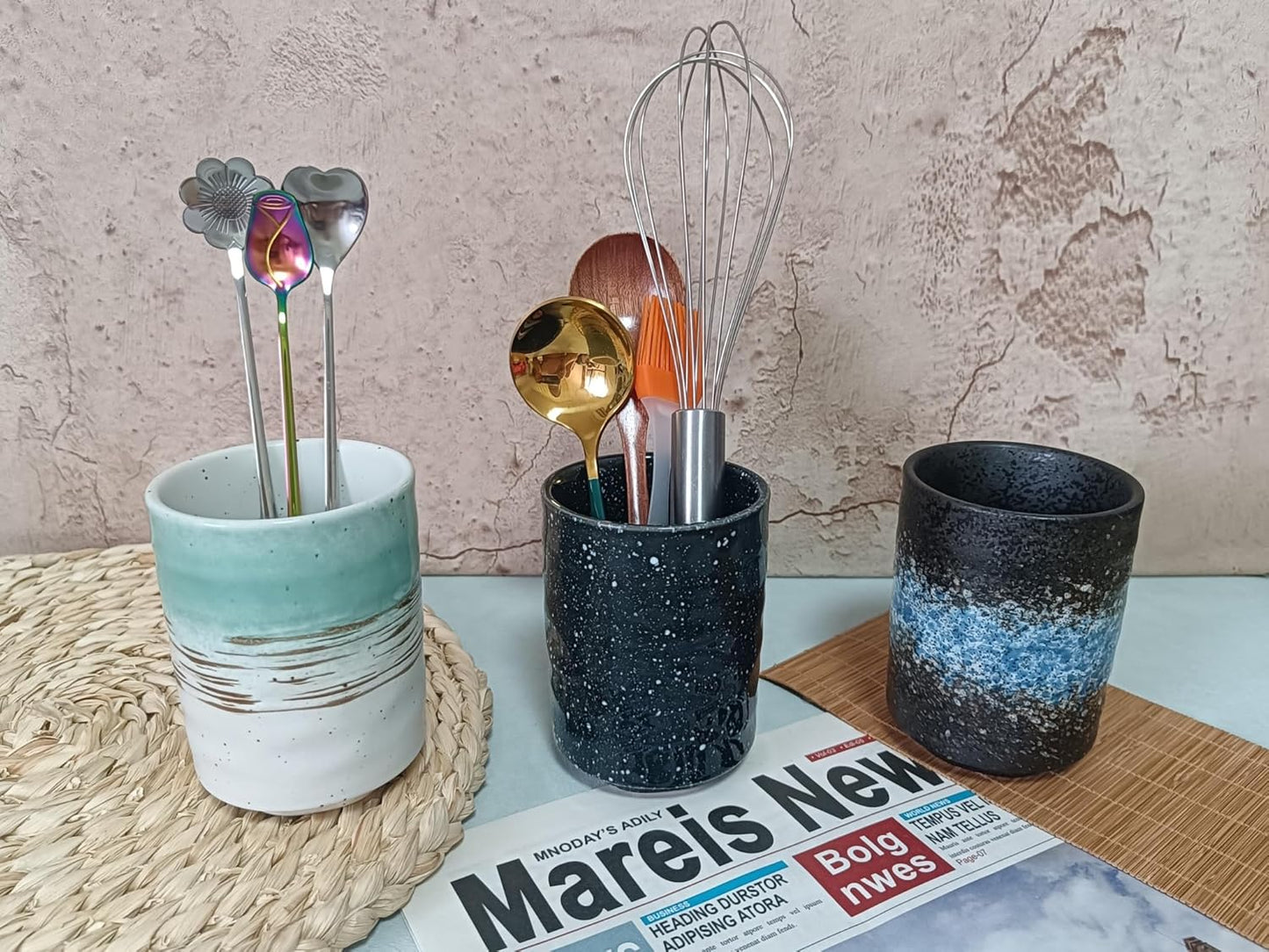 Stoneware Coffee Bar Utensil Holder Tea & Coffee Spoon & Stirrer Holder for Stir Stick Straw Teaspoon Holder Spoon Cup Small Utensil Jar (Green fields)