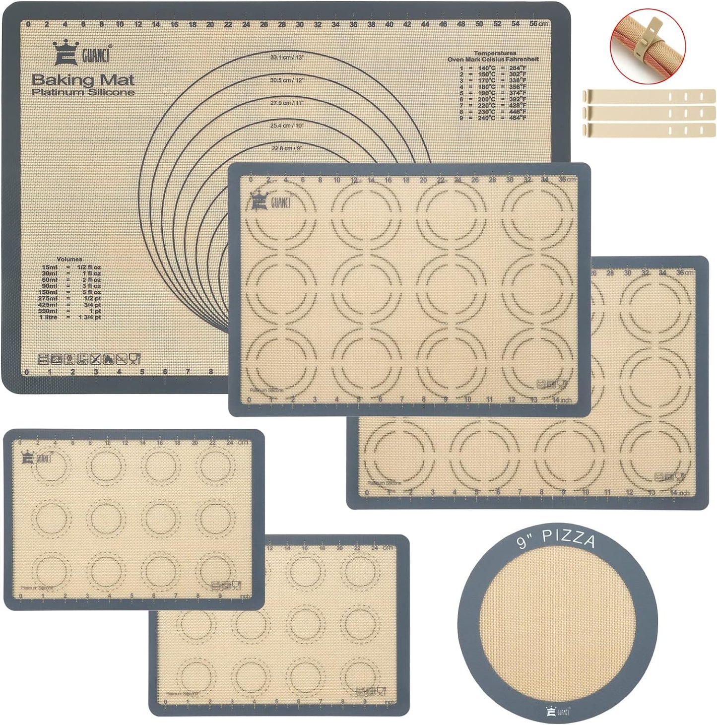 Silicone Baking Mat Set of 6, GUANCI Grade Food Baking mats Non-Stick Reusable Pizza Bakeware Mat for Making Macaroon, Pizza, Cookie, Pastry, Bread, Bun(Grey)