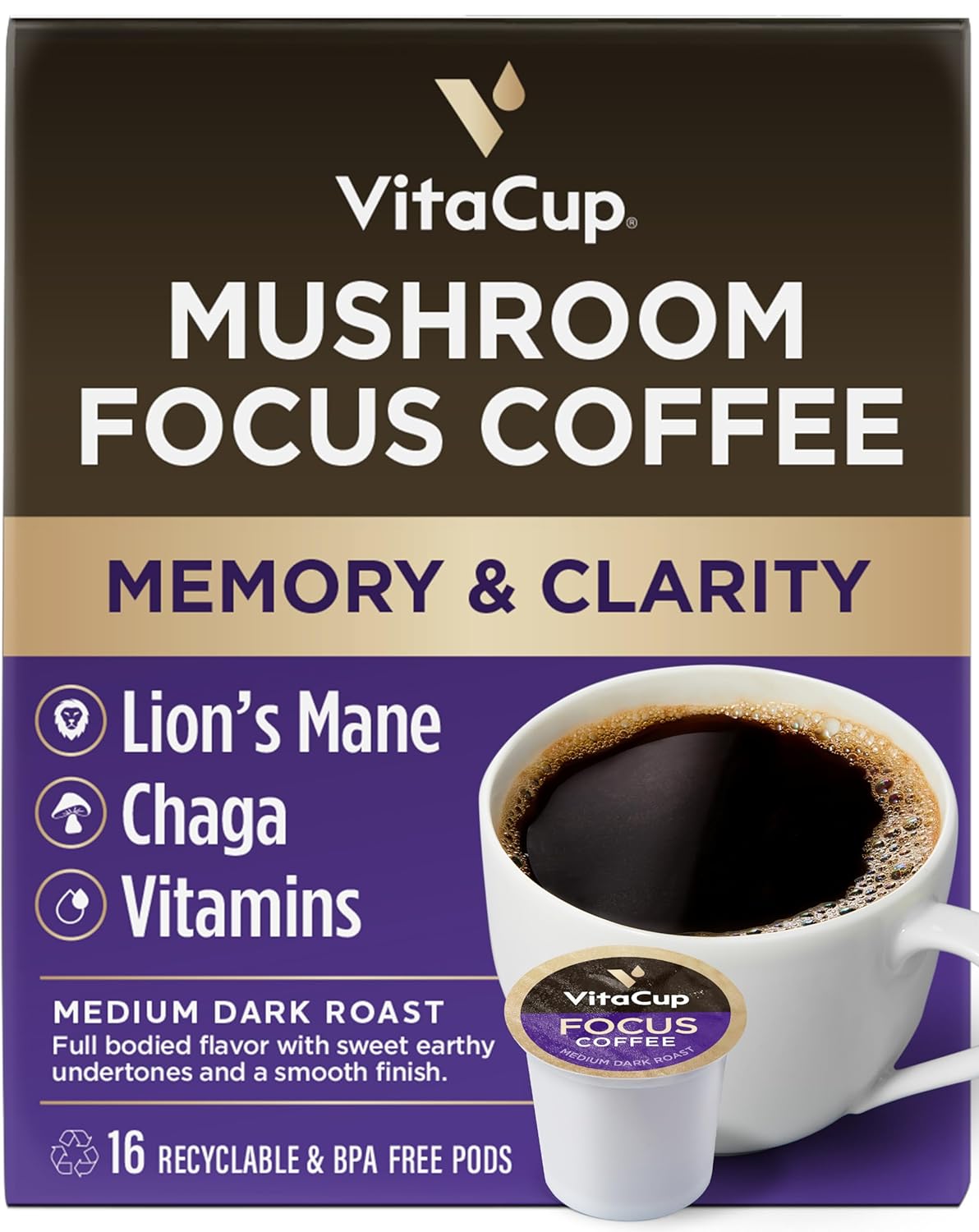 VitaCup Mushroom 커피 포드 - 사자 갈기, 차가, 비타민으로 집중력과 면역력 향상, 기억력 및 투명도, 재활용 가능한 K-Cup 포드, 16개입