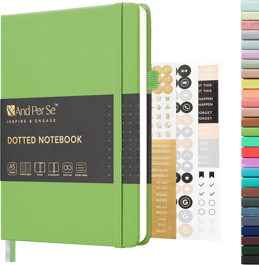 &And Per Se Dotted Journal Notebook, A5 Hardcover Leather Bullet Dotted Journal, 160 Pages 100 gsm Thick Dotted Paper，3 Sheets of Stickers Included - 5.7'' x 8'' (Pastel green)