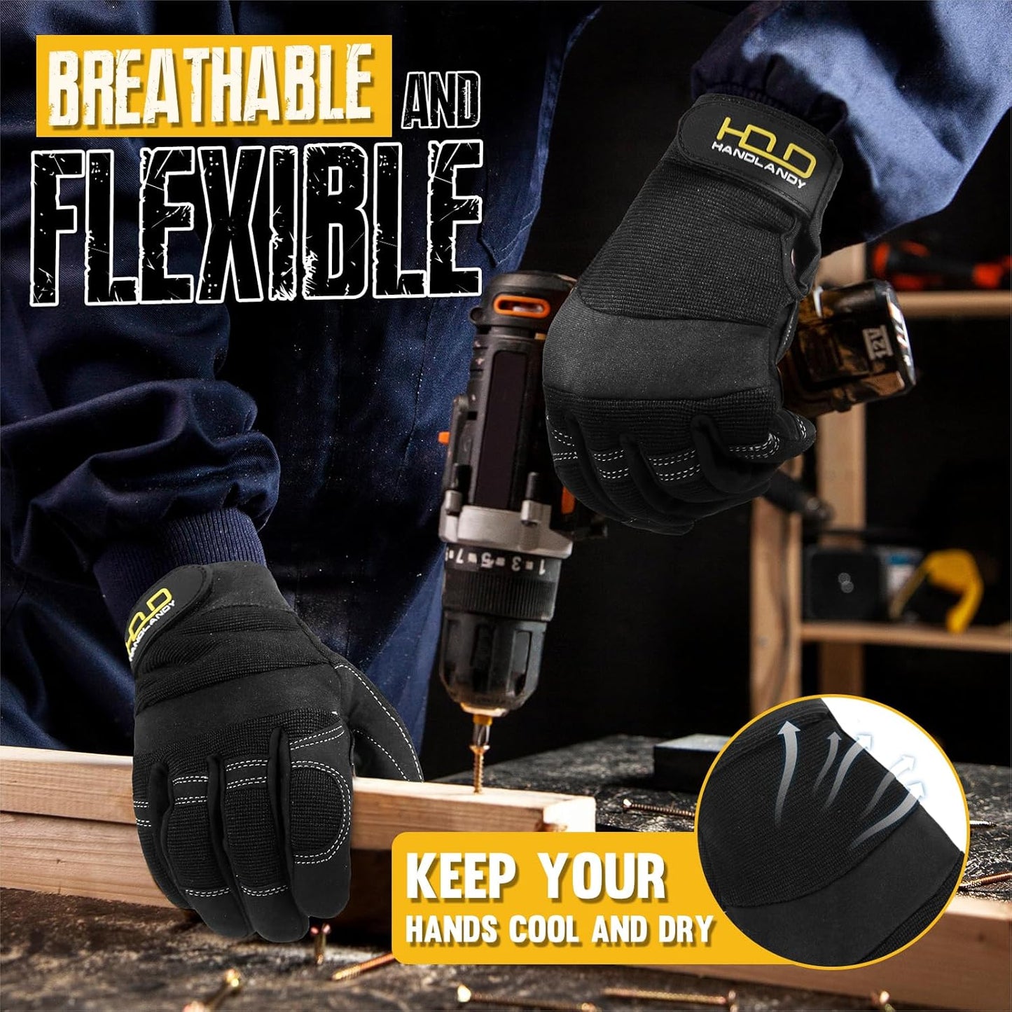 HANDLANDY Work Gloves for Men & Women, Utility Mechanic Working Gloves Touch Screen, Flexible Yard Work Gloves