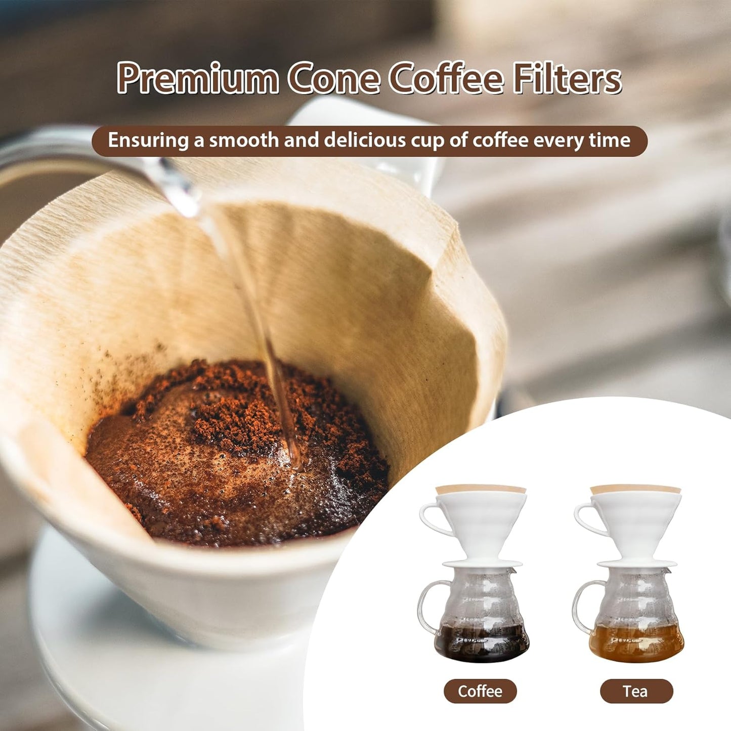 200 Count Cone Coffee Filters #4, Natural Brown Paper Cone Shaped Coffee Filters for Pour Over and Drip Coffee Maker (100 Count, Pack of 2)