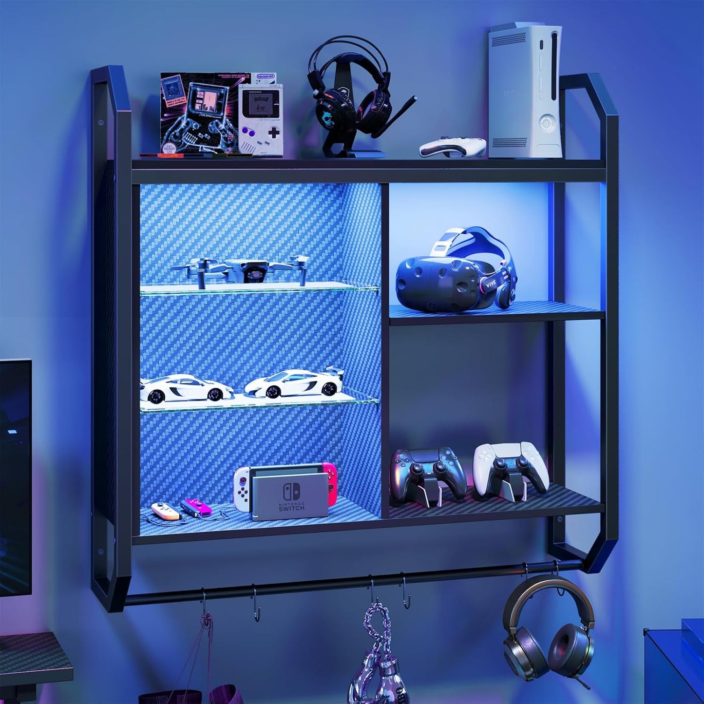 Bestier LED Gaming Floating Shelves, 34" Wall Mounted Shelf Pipe Shelves Hanging Display Rack Bookshelf with 6 S-Hook, Gaming Room Decor Wine Coffee Bar, Black Carbon Fiber