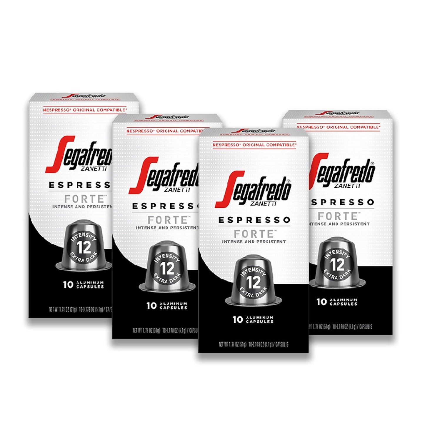 Segafredo Zanetti Espresso Capsules – Aluminum Pods for Nespresso Original Machines – Extra Dark Roast Premium Espresso with a Bold Aroma – Smoky, Intensity 12 – Forte, 10 Count (Pack of 4)