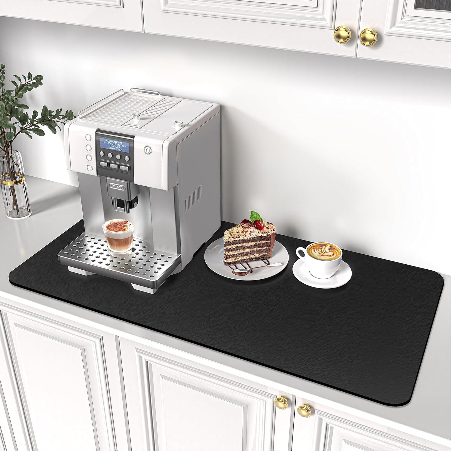 PoYang 31"x17" Coffee Mat X-Large, Coffee Bar Accessories for Countertop, Absorbent Dish Drying Mat, Anti-Slip and Hide Stain Pad for Espresso Machine, Espresso Maker and Kitchen Counter, Black