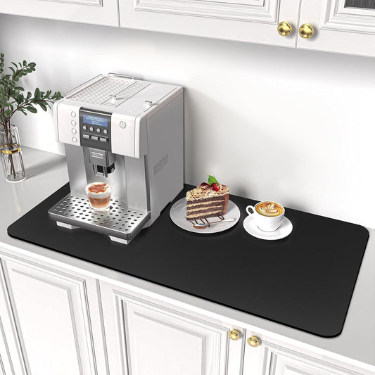 PoYang 31"x17" Coffee Mat X-Large, Coffee Bar Accessories for Countertop, Absorbent Dish Drying Mat, Anti-Slip and Hide Stain Pad for Espresso Machine, Espresso Maker and Kitchen Counter, Black