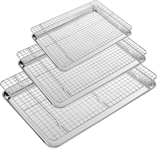 CEKEE Baking Sheet with Wire Rack Set of 6 (3 Cookie Sheets for baking + 3 Cooking Racks), Stainless Steel Stainless Steel Baking Pans Set with Cooling Rack - Heavy Duty & Dishwasher Safe
