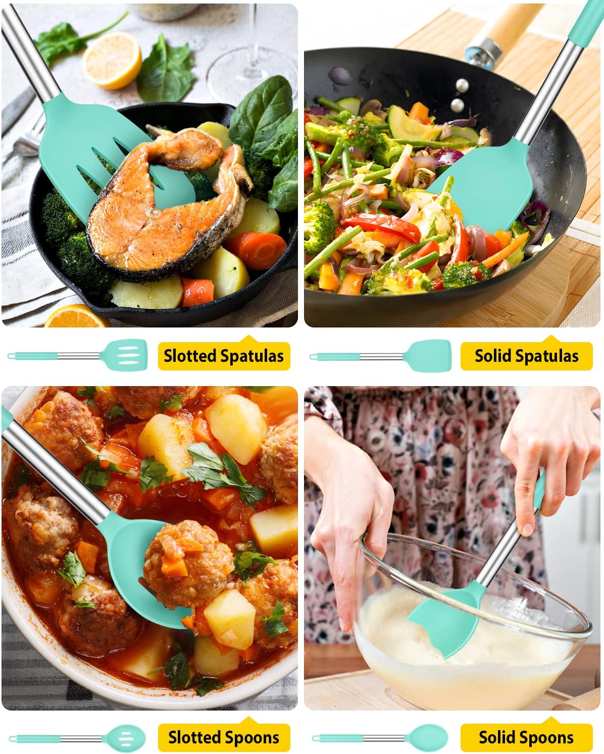 Pack of 4 Silicone Cooking Utensils Set, Non Stick Large Solid Spatulas, Heat Resistant Blue Slotted Spoons, Ideal BPA Free Kitchen Turners for Frying, Mixing,Serving,Draining,Turning,Stirring