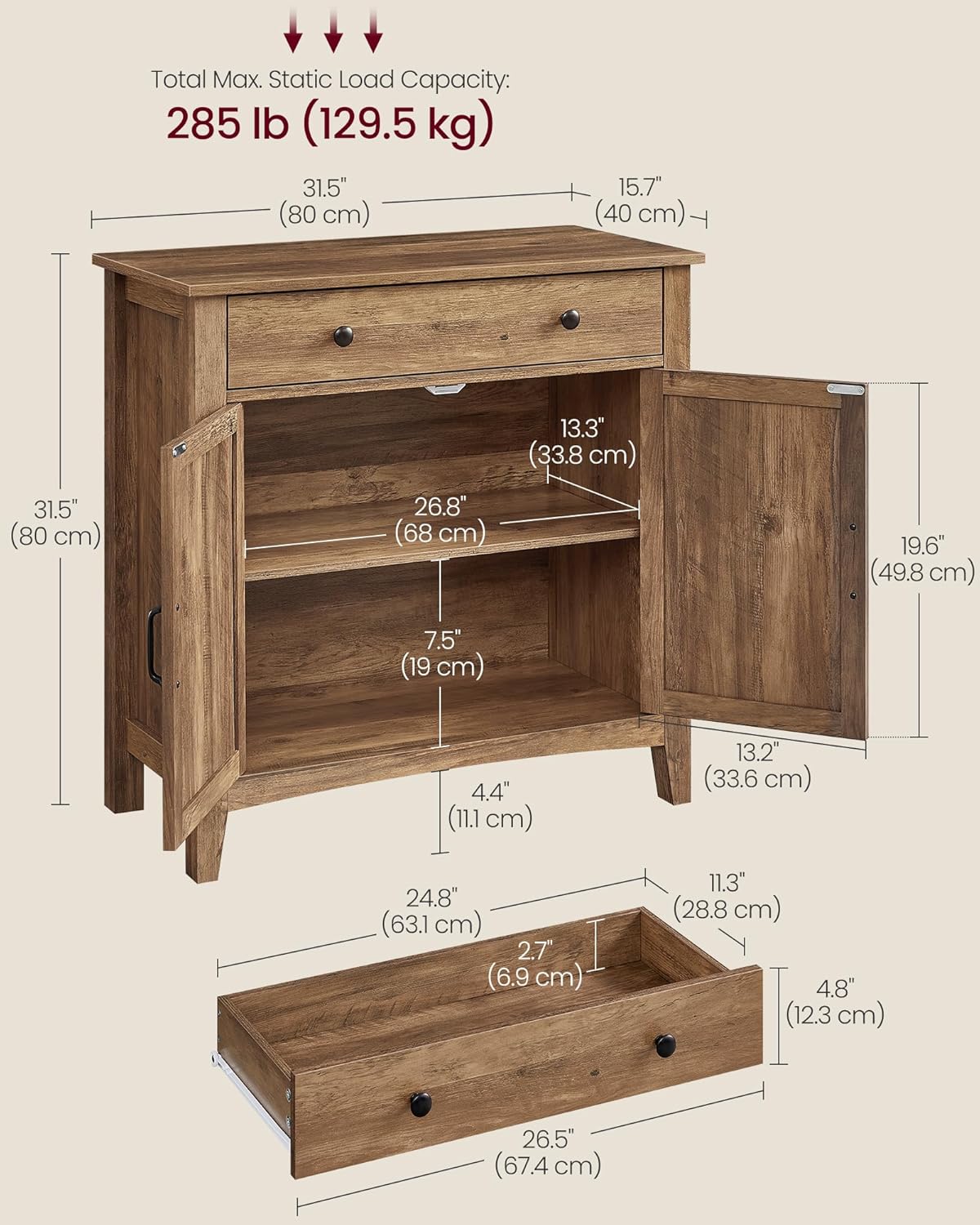 VASAGLE LIRY Collection - Buffet Cabinet, Coffee Bar Cabinet with a Drawer, Adjustable Shelf, Sideboard Storage with Cable Hole, Drawer Divider, Honey Brown UBBK341K01