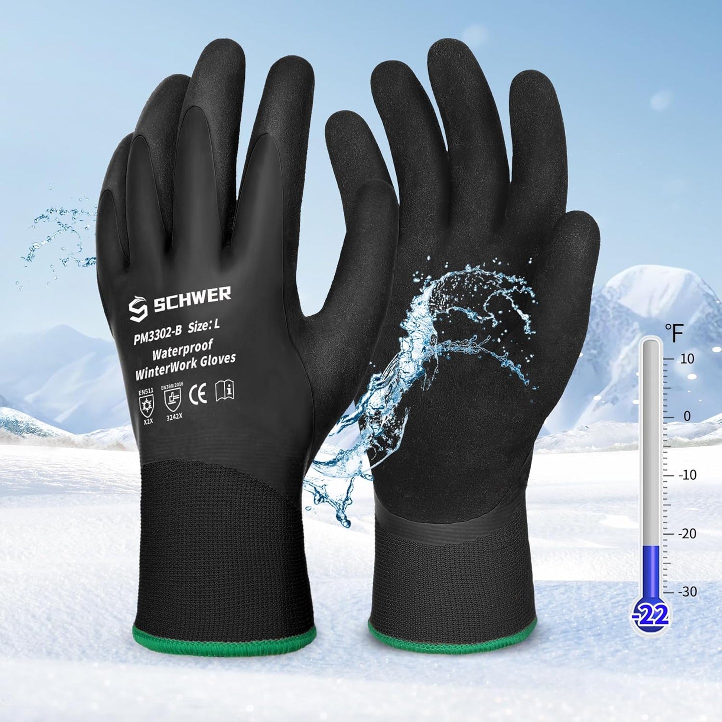 Schwer FreezeGuard Winter Work Gloves, ANSI A2 Cut Resistant Freezer Gloves for Outdoor Cold Weather Keep Hands Warm, Waterproof Gloves for Shoveling Snow, Ice Fishing, L