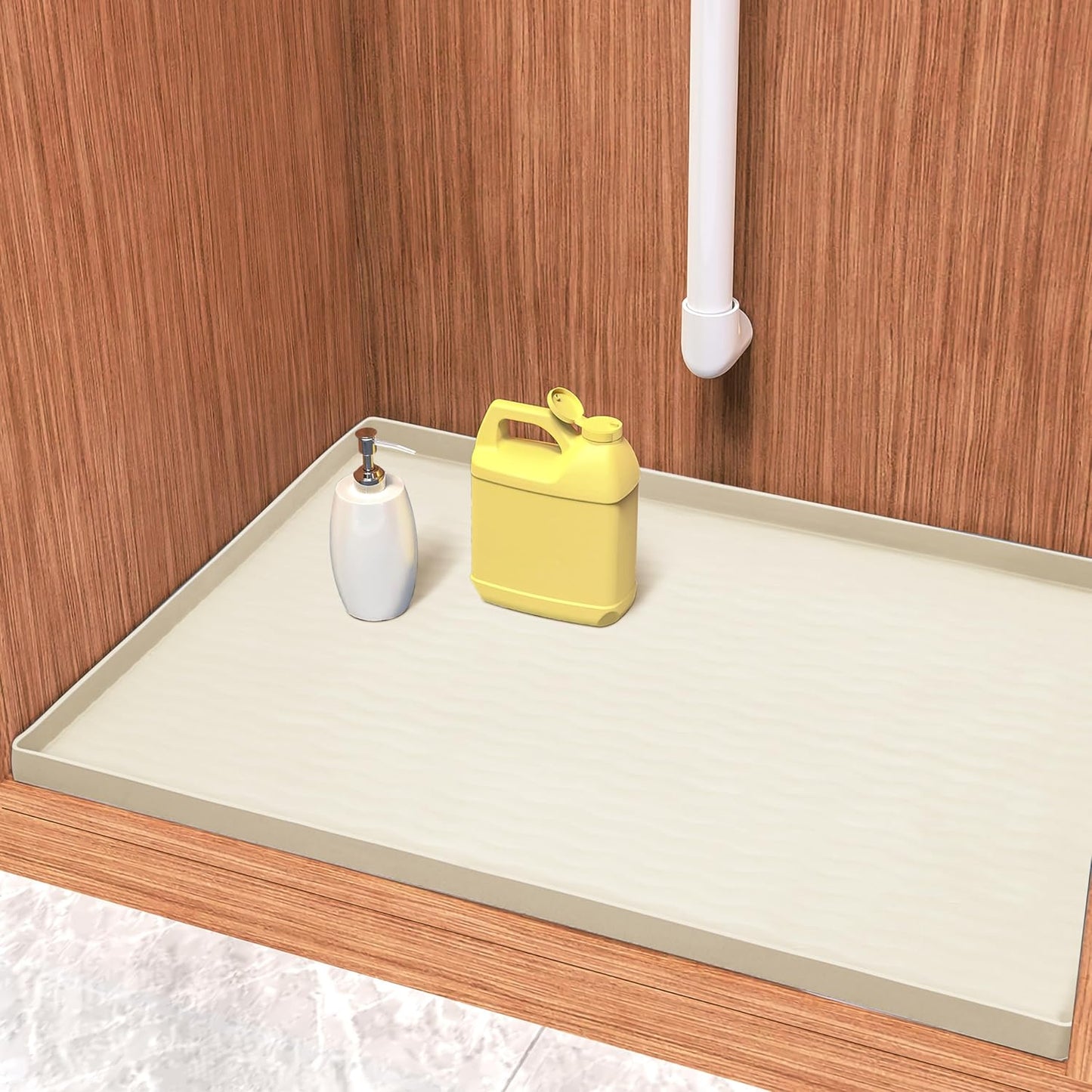 URMONA Waterproof Silicone Under Sink Mat 28'' x 19'' Shelf Liner for Kitchen and Bathroom, Cabinet and Counter Protector, Storage and Organizers, Litter Mat, Pet Cat Puppy Essentials(Cream)