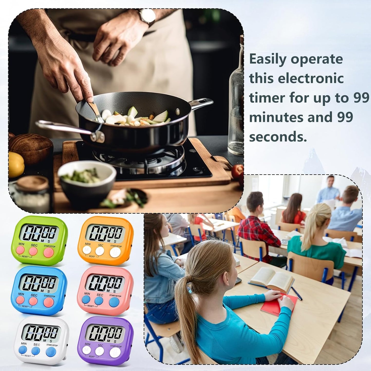 4 Pack Digital Kitchen Timer Magnetic Digital Timer with Big Display Loud Ring Cooking Timers for Cooking, Game, Gym, Break Time, Classroom(4,Pink, Blue, Green, White)