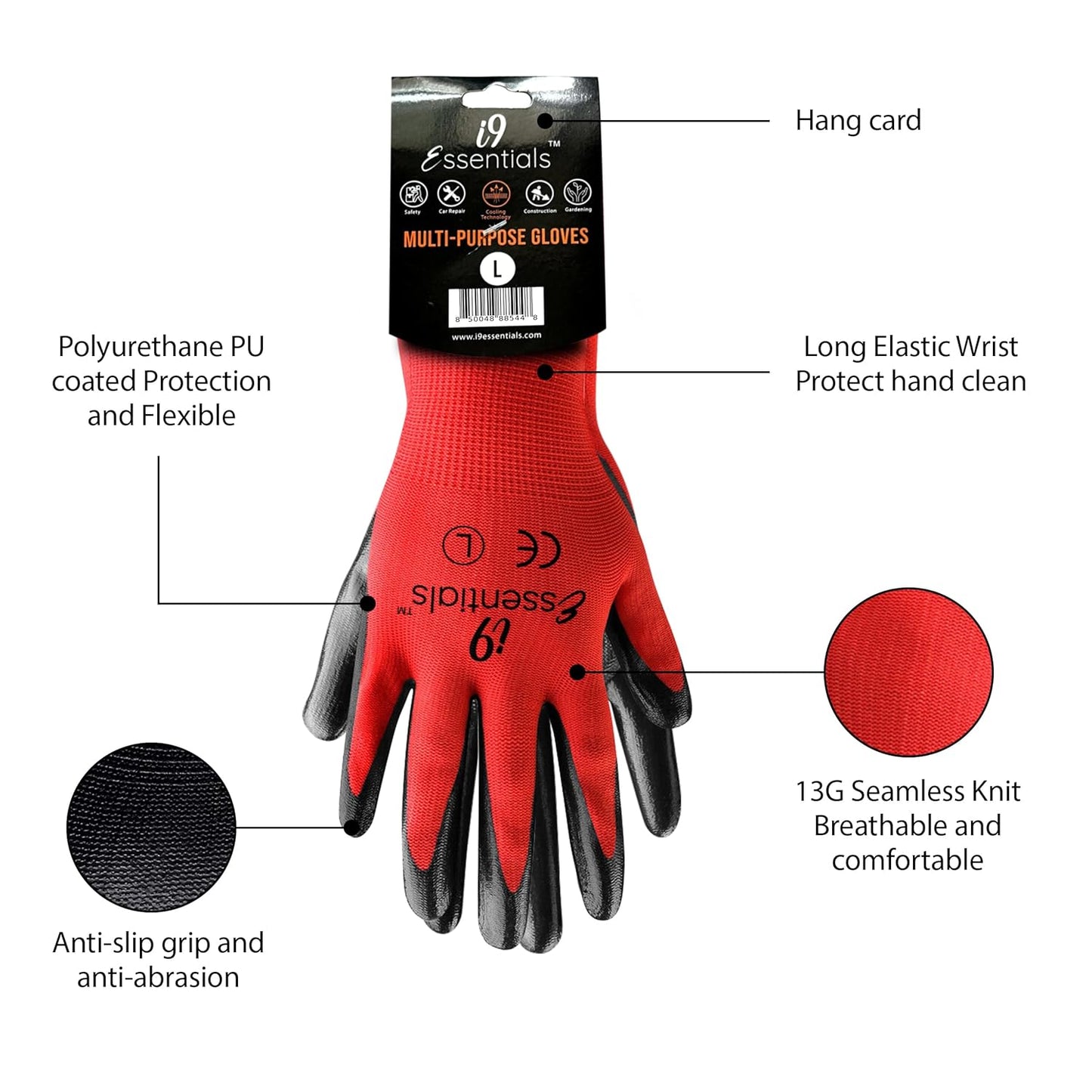 I9 Essentials Nitrile Coated Work Gloves Large 6 Pack – Grip Safety Gloves for Construction, Gardening, Mechanics