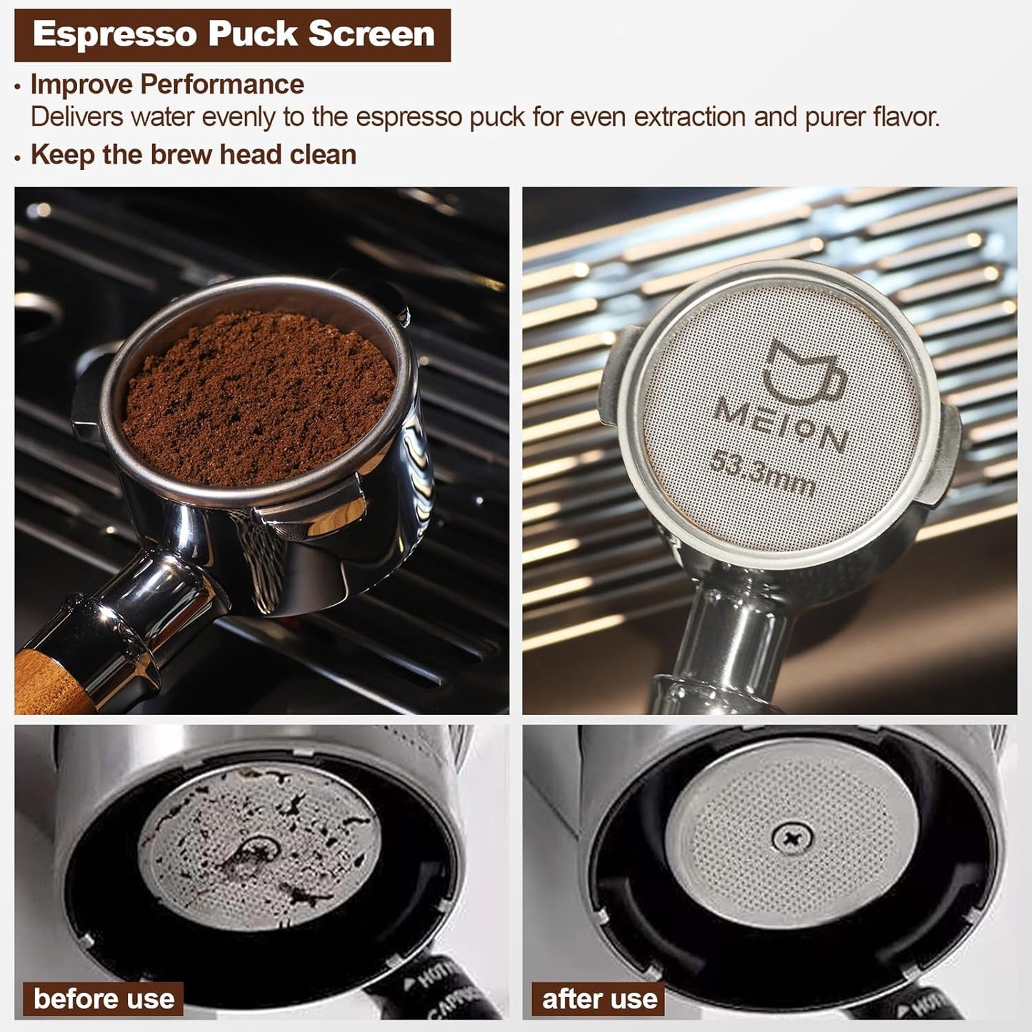 MEION 54mm Espresso Dosing Funnel and Puck Screen Set for 54mm Breville Portafilters, Magnetic Coffee Funnel, Reusable 53.3mm Espresso Puck Screen, Espresso Tools Espresso Accessories (54mm, Black)