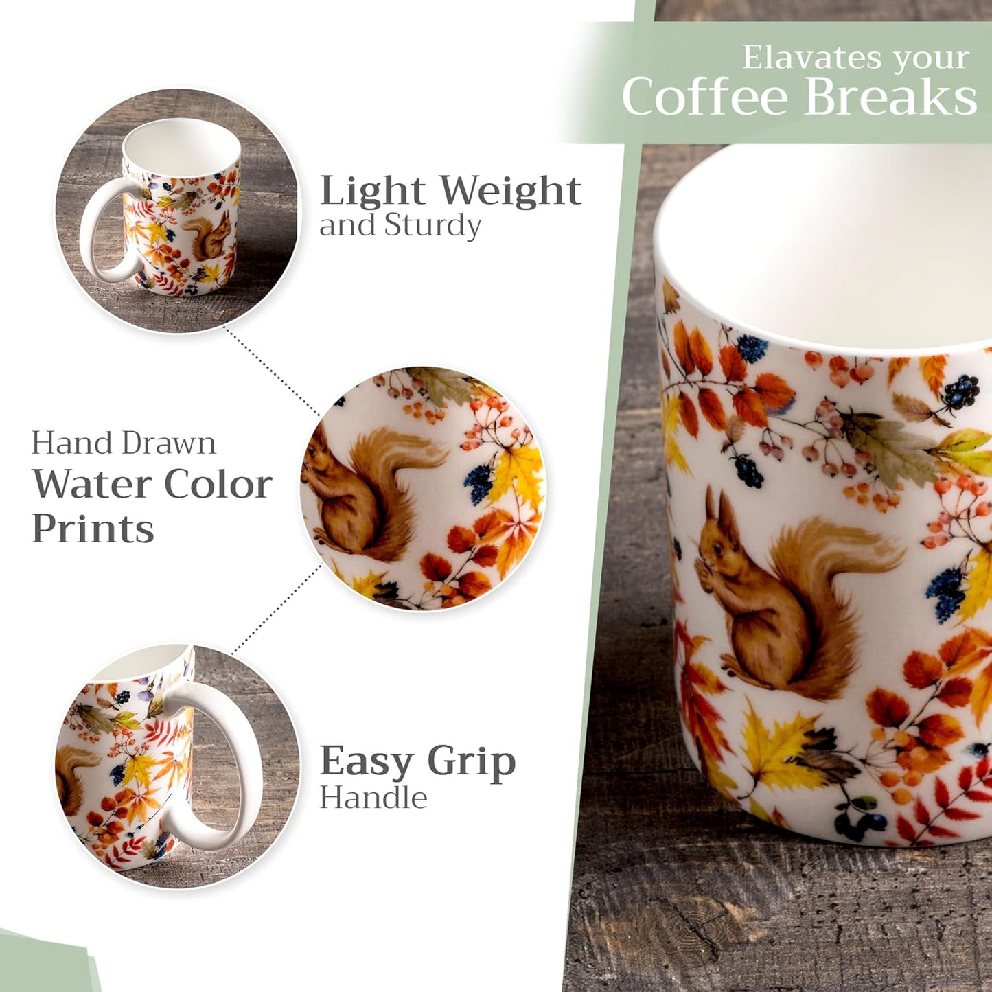 Maison d' Hermine Coffee Mug with Handles Fine Bone China Mugs Pack of Two Tea Cups for Hot Beverages Cappuccino Latte Home Restaurant Office Perfect for Gift (Sous-Bois, 12 Ounce)