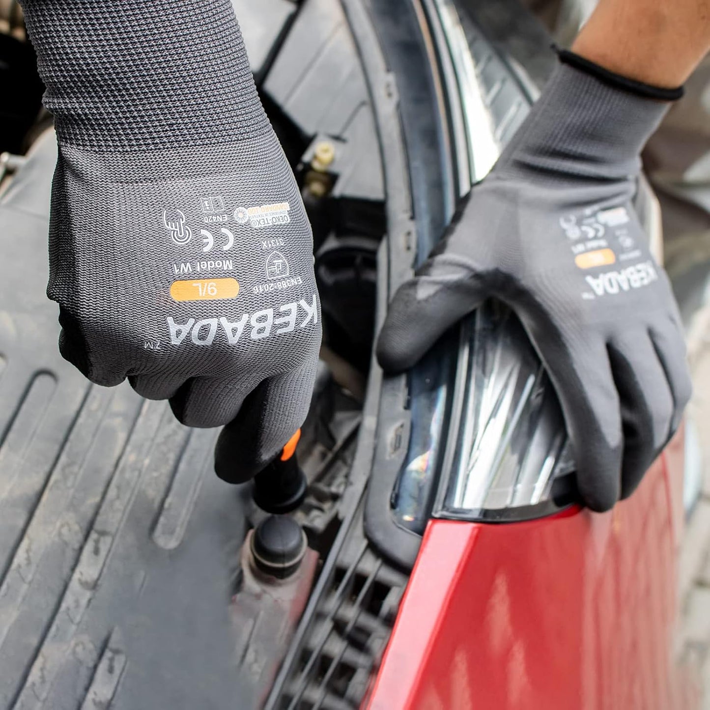 Kebada W1 Work Gloves for Men and Women, Touchscreen PU Coated Gloves with Grip, 50 Pairs Bulk Pack, Ideal for Warehouse Package Handling, Construction, Gardening, Gray Large
